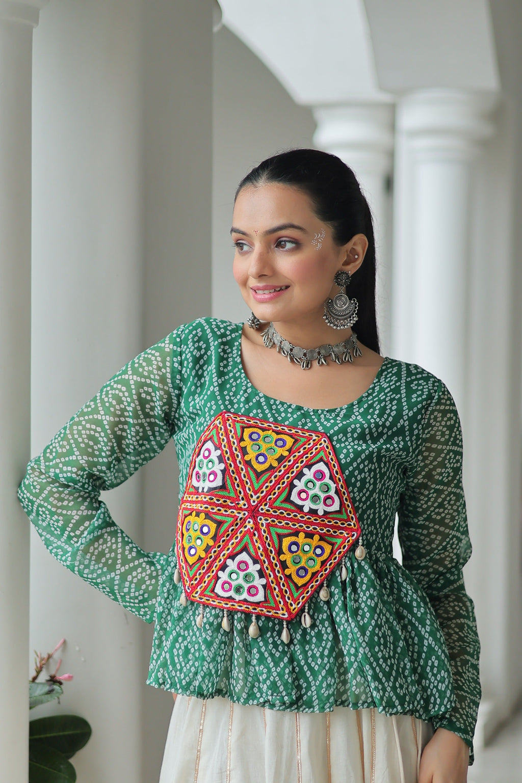 Green Bandhani Print Navratri Lehenga with Kutchi Gamthi Patchwork