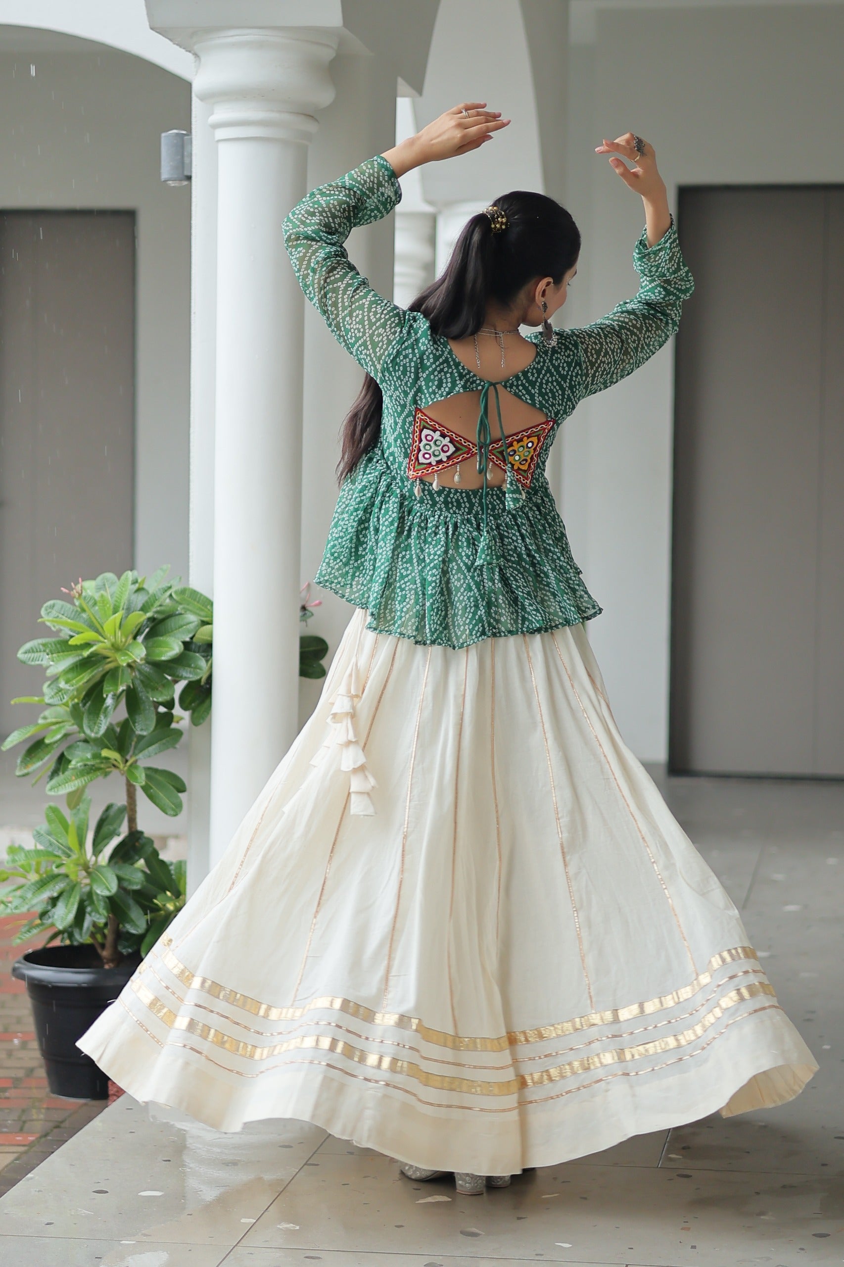 Green Bandhani Print Navratri Lehenga with Kutchi Gamthi Patchwork
