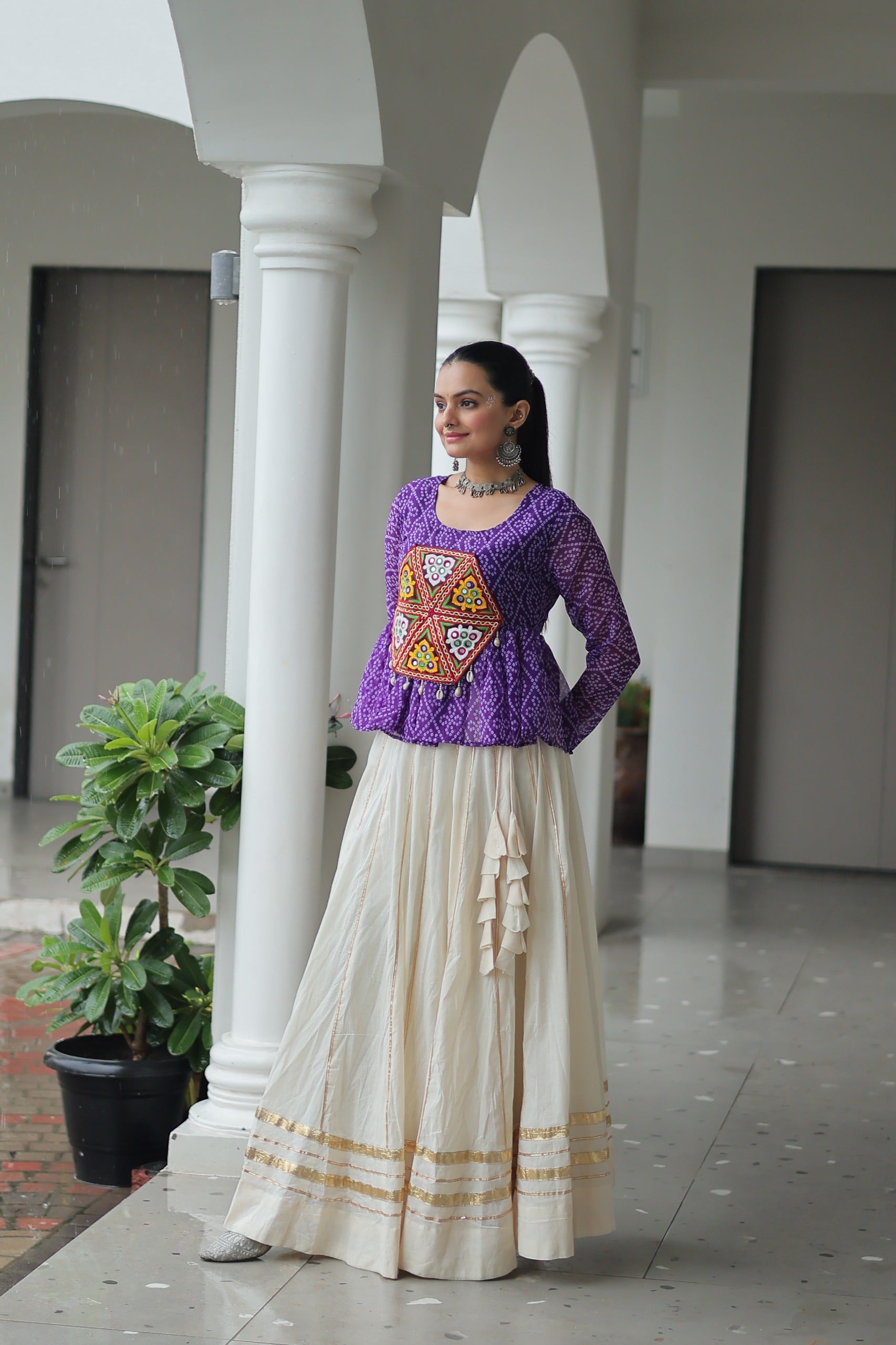 Violet Georgette Bandhani Print Navratri Lehenga with Kutchi Patch