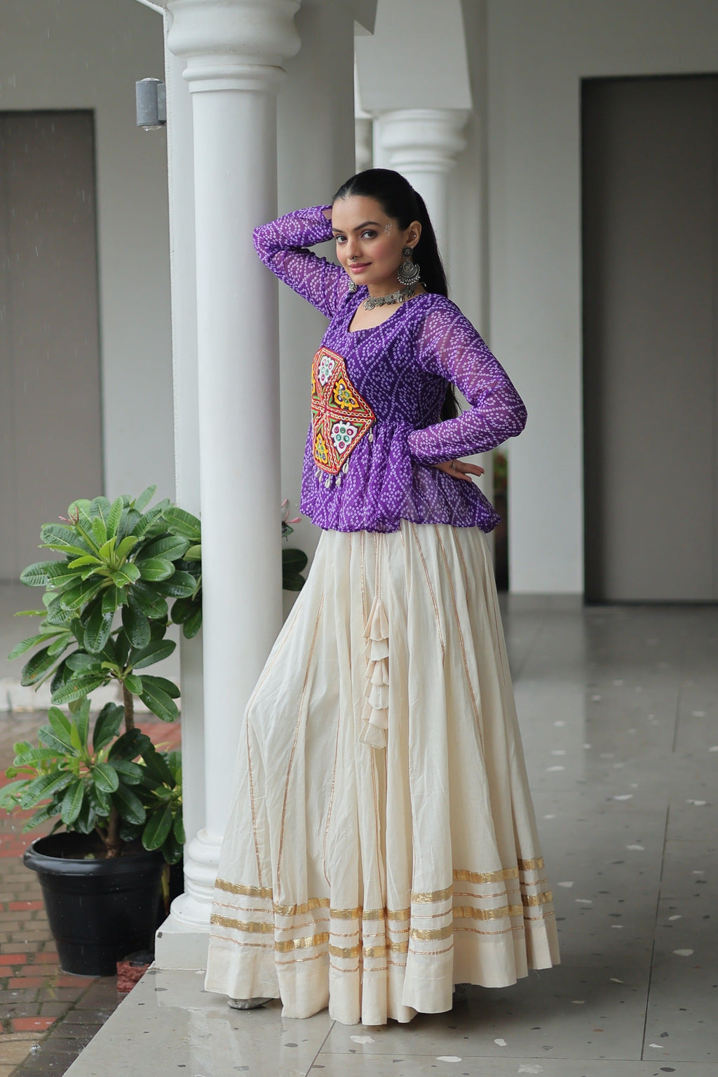 Violet Georgette Bandhani Print Navratri Lehenga with Kutchi Patch