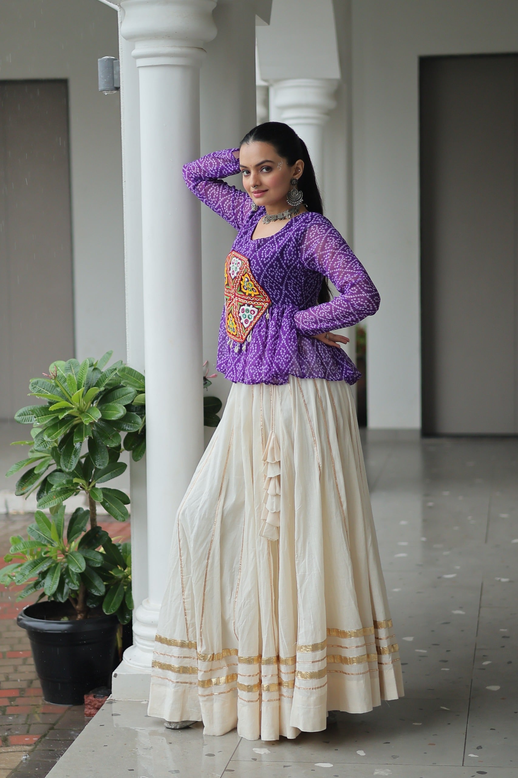 Violet Georgette Bandhani Print Navratri Lehenga with Kutchi Patch