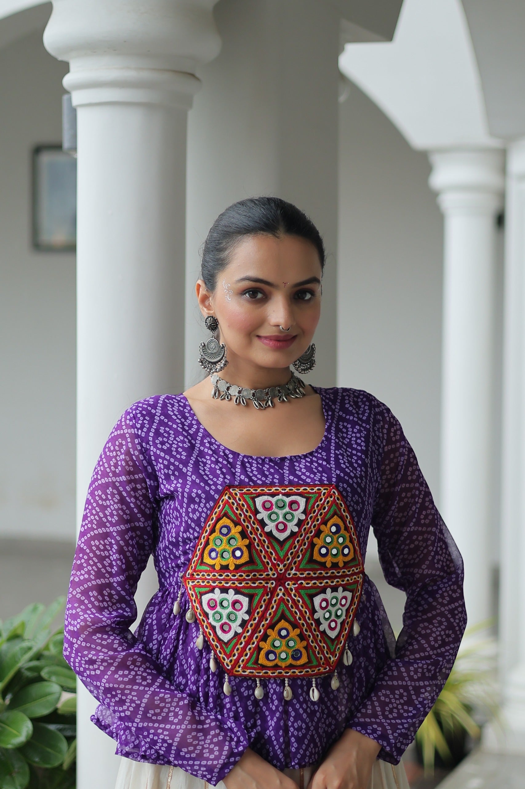 Violet Georgette Bandhani Print Navratri Lehenga with Kutchi Patch