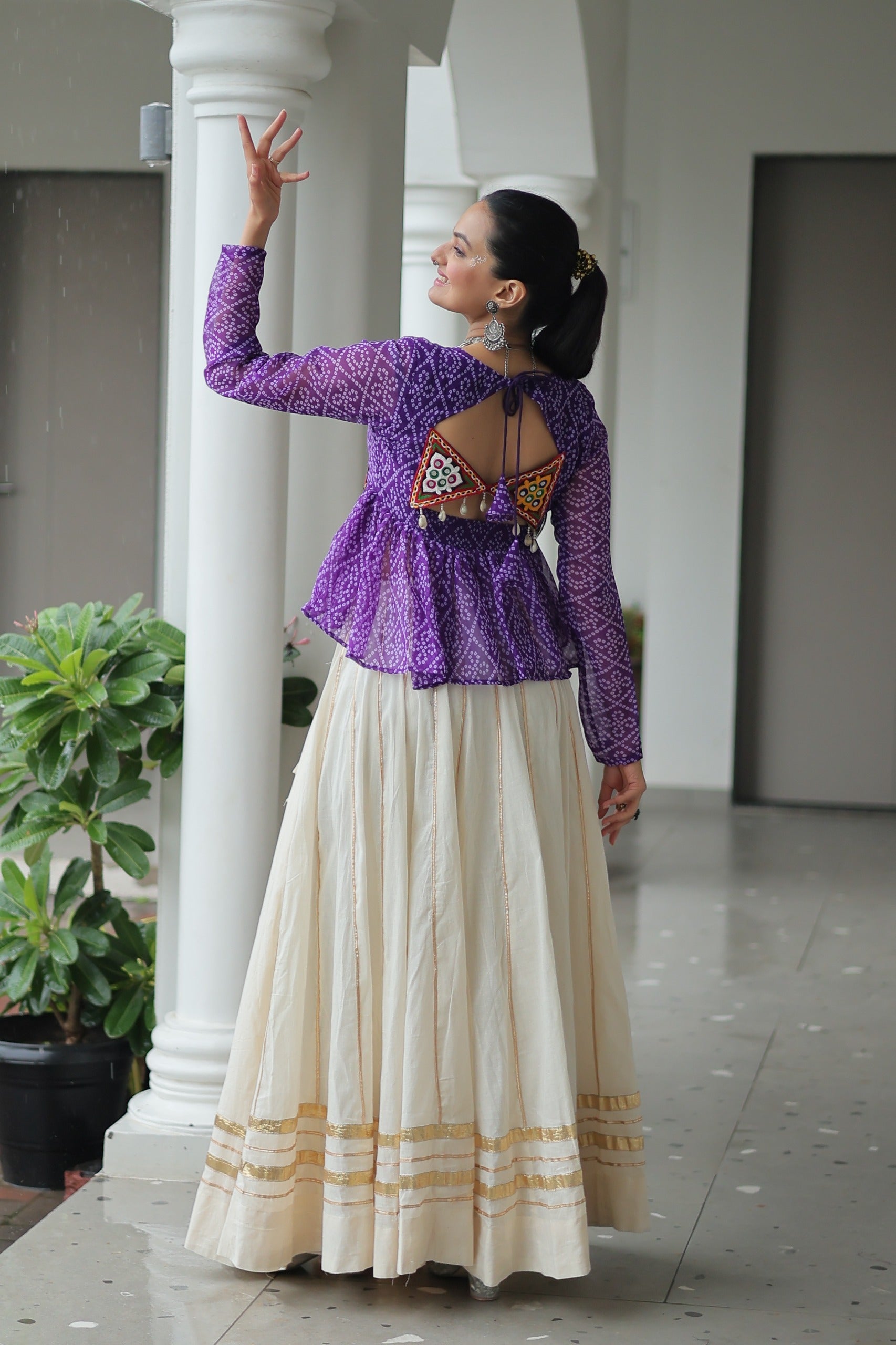 Violet Georgette Bandhani Print Navratri Lehenga with Kutchi Patch