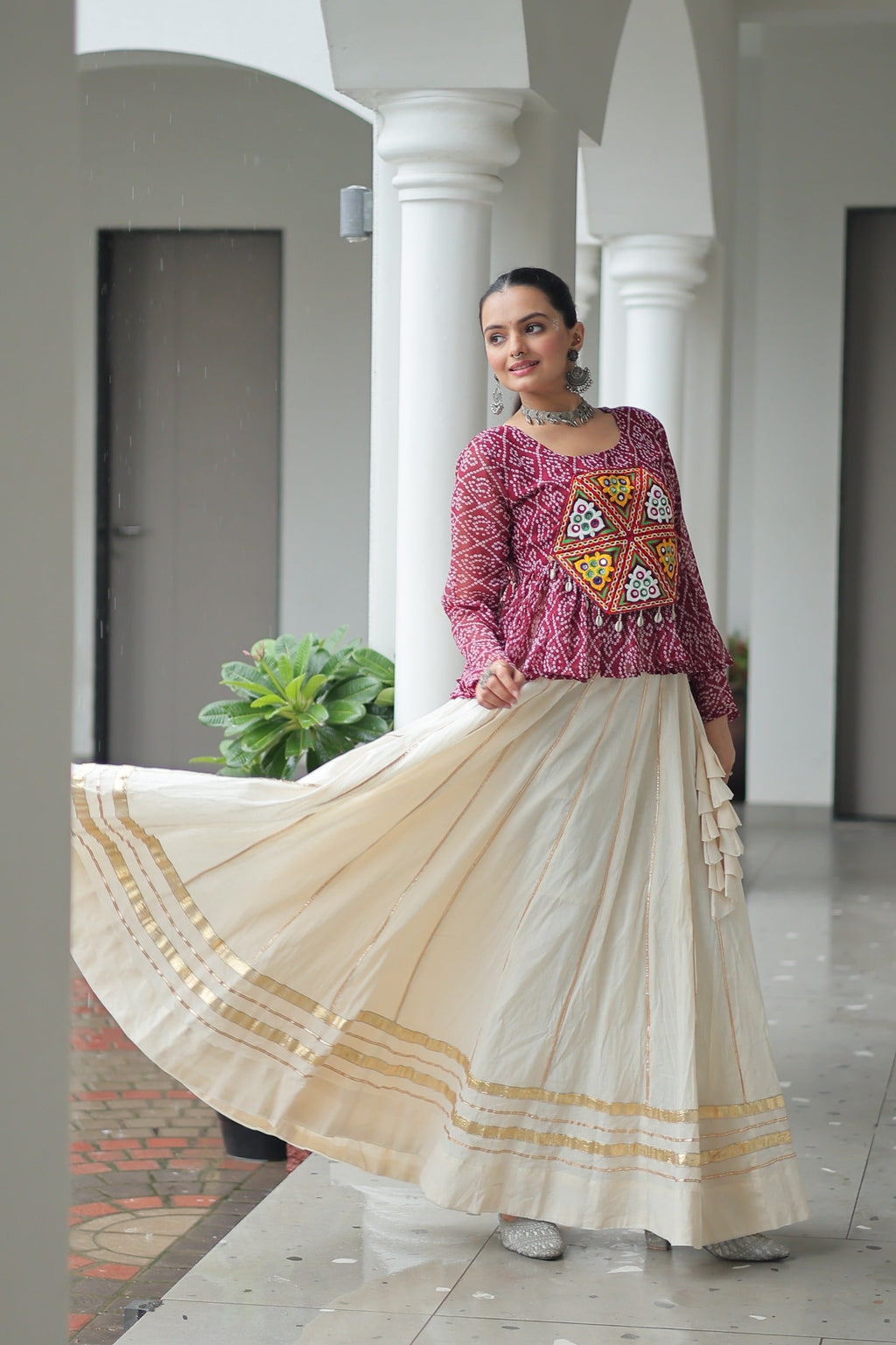 Wine Georgette Bandhani Print Navratri Lehenga with Gamthi Patchwork