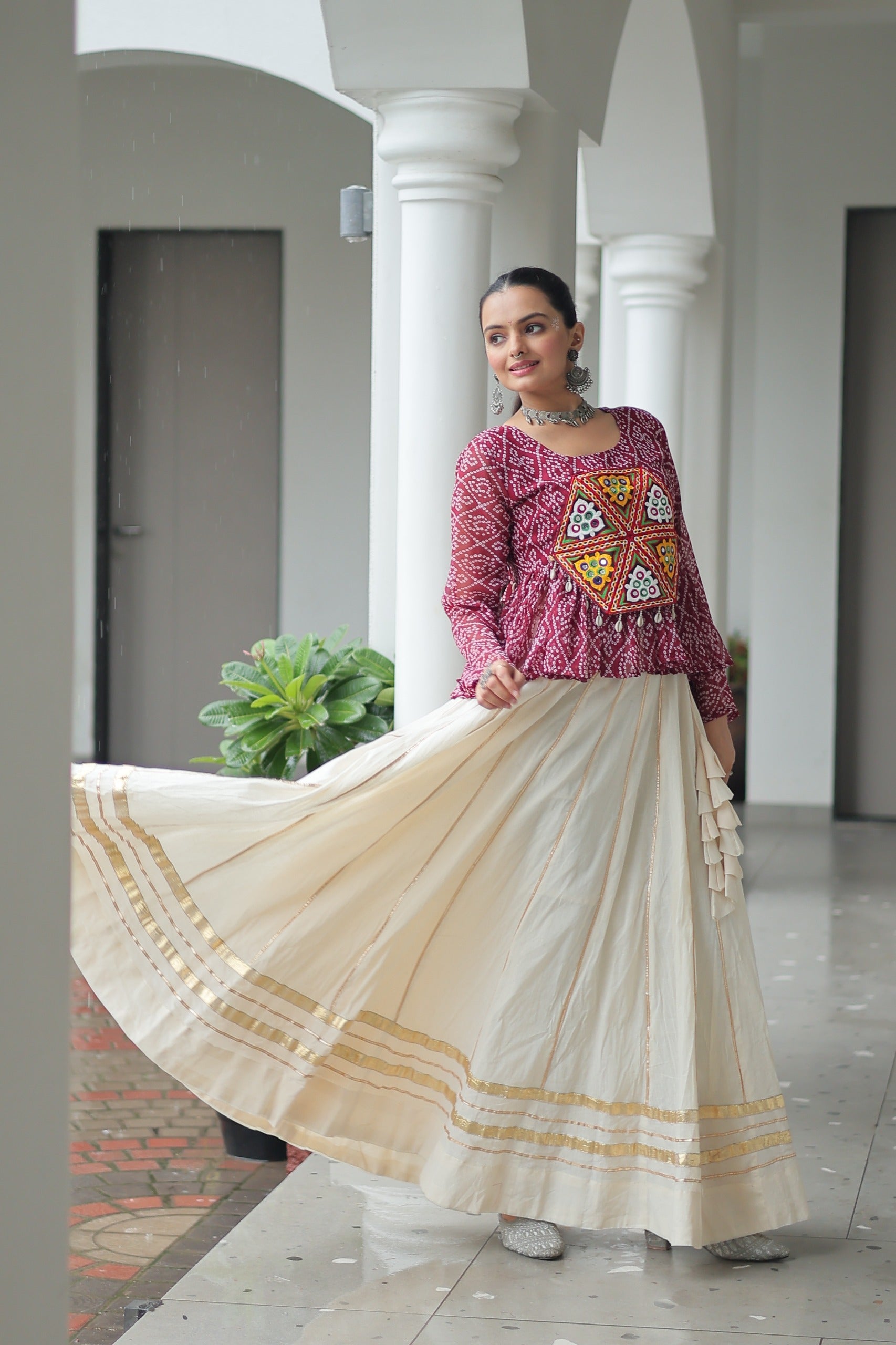 Wine Georgette Bandhani Print Navratri Lehenga with Gamthi Patchwork