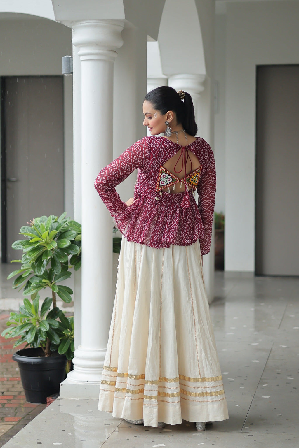 Wine Georgette Bandhani Print Navratri Lehenga with Gamthi Patchwork