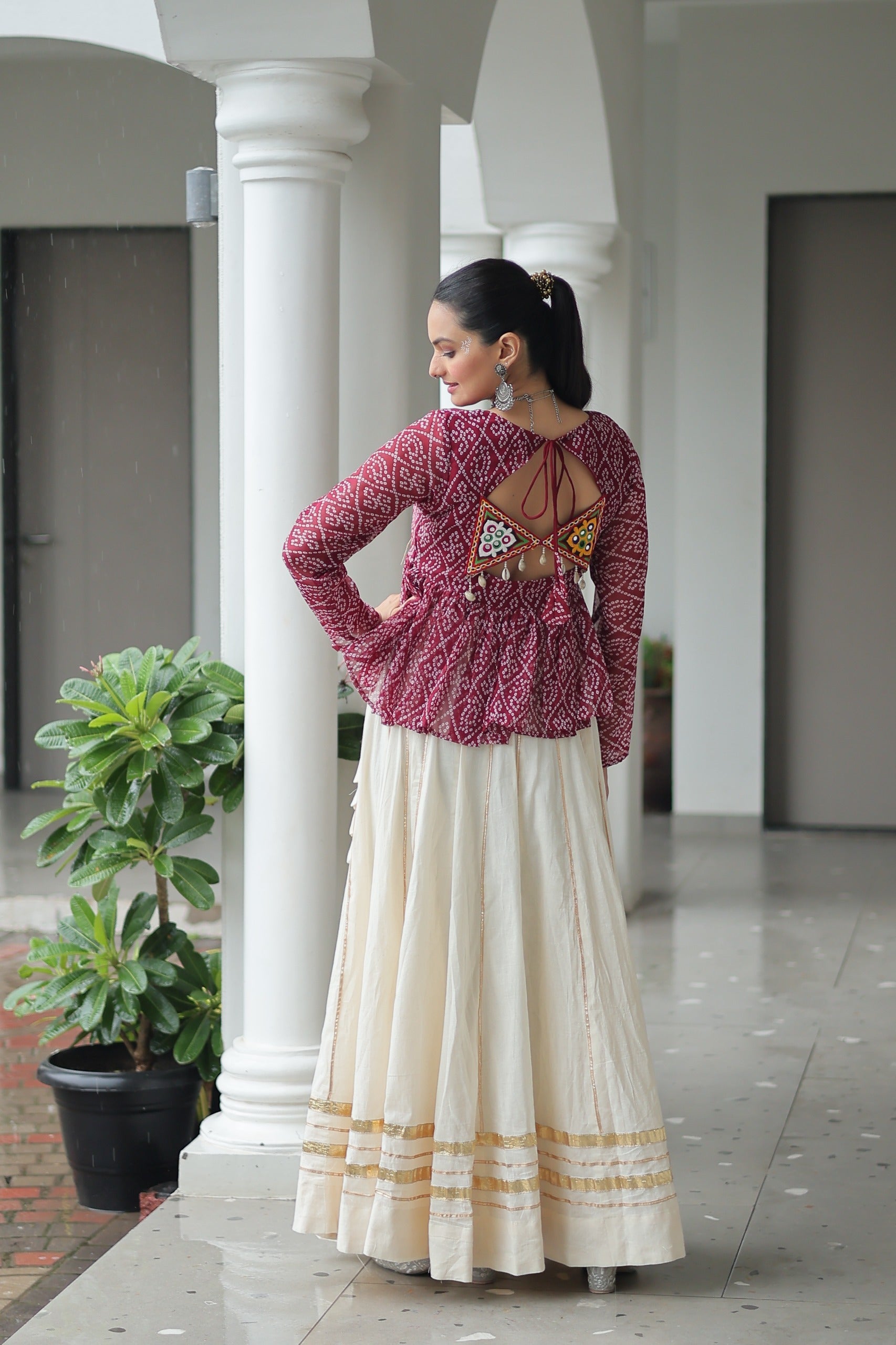 Wine Georgette Bandhani Print Navratri Lehenga with Gamthi Patchwork