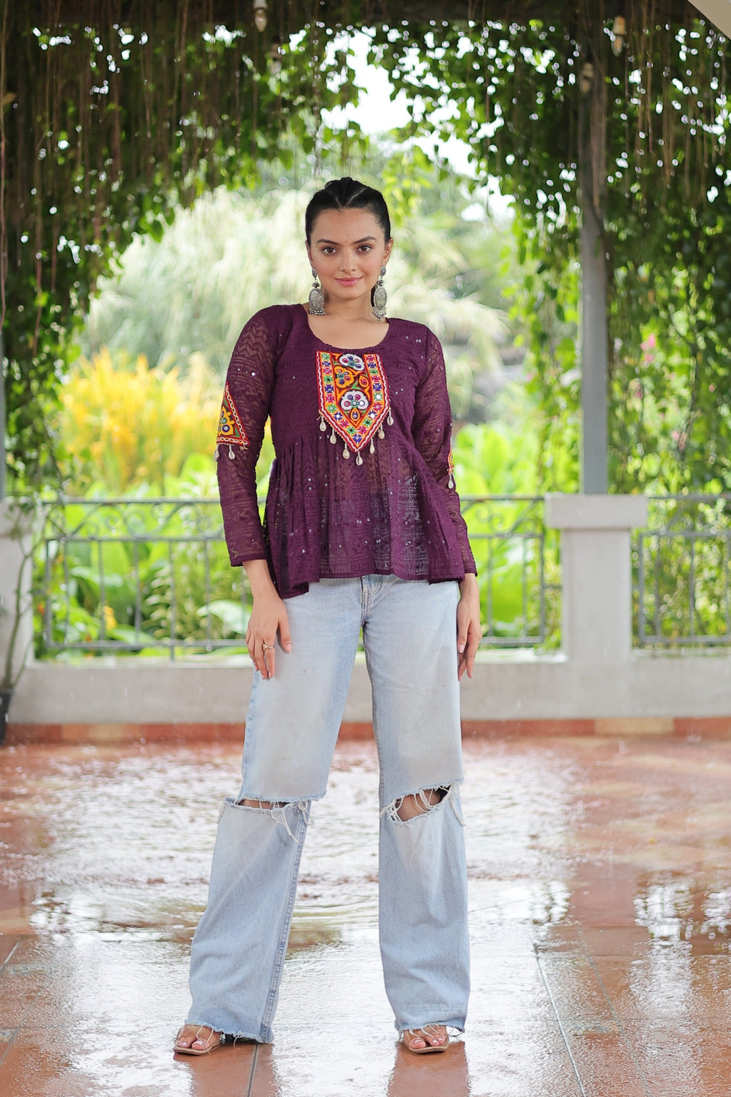 Wine Georgette Schiffli Kutchi Gamthi Navaratri Top