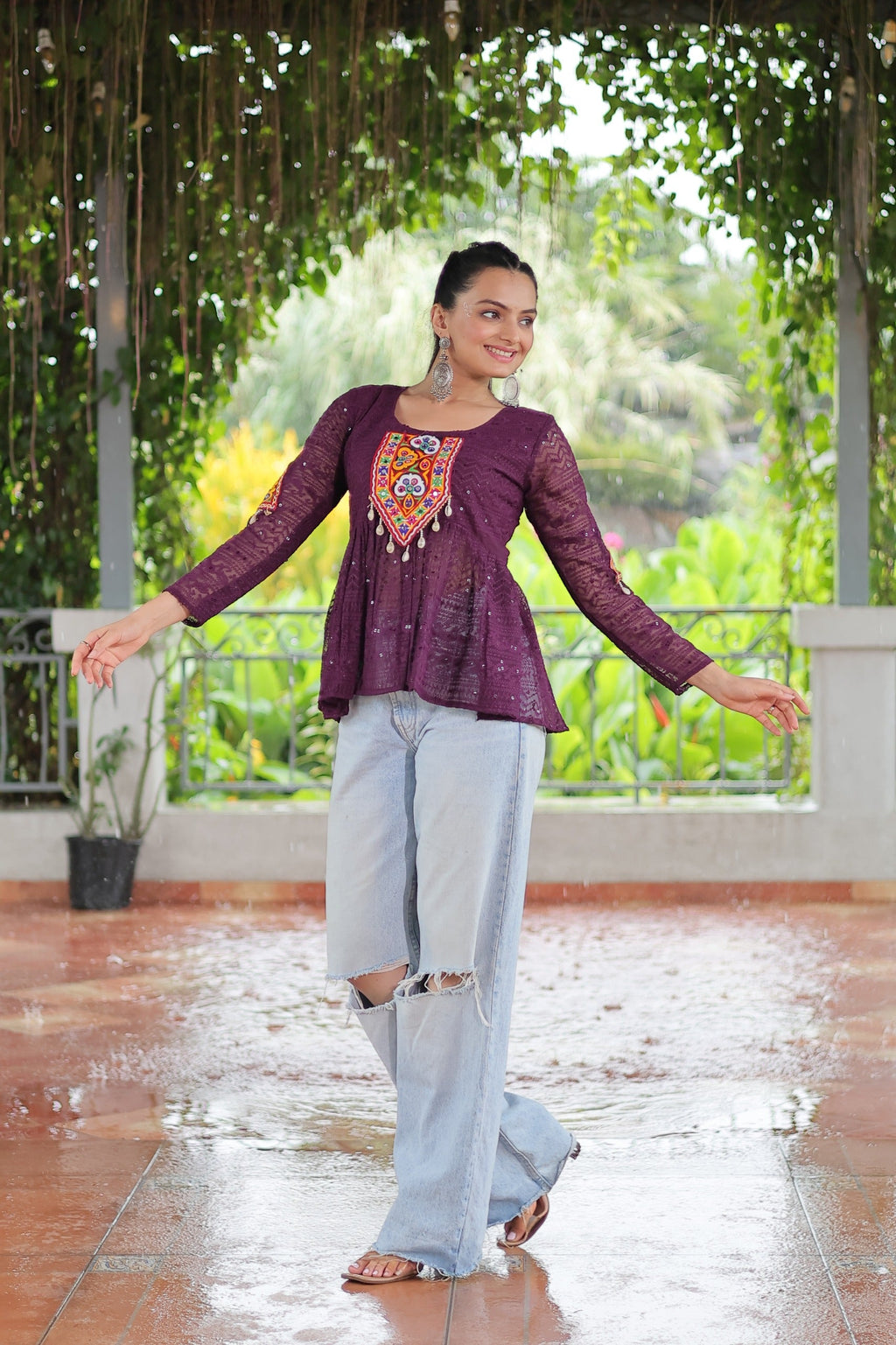 Wine Georgette Schiffli Kutchi Gamthi Navaratri Top