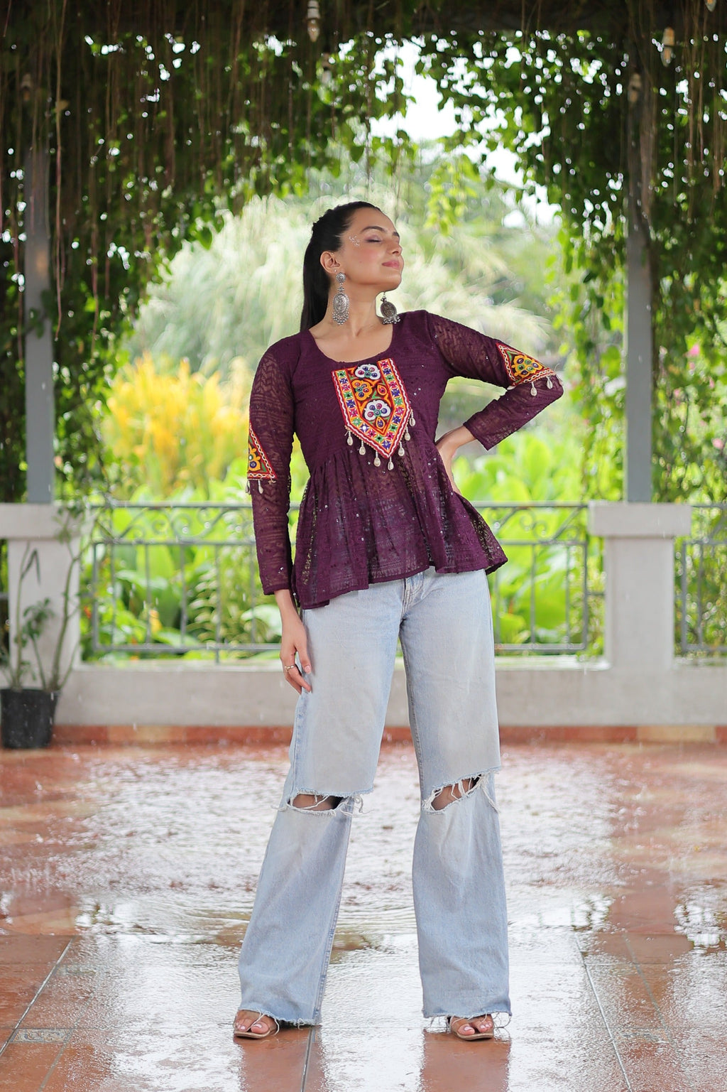Wine Georgette Schiffli Kutchi Gamthi Navaratri Top