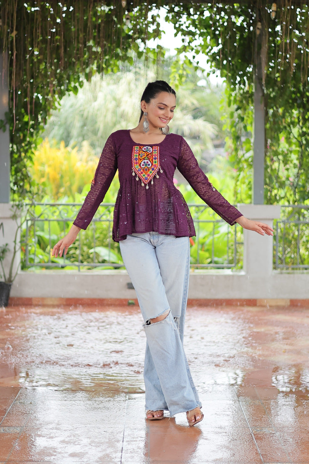 Wine Georgette Schiffli Kutchi Gamthi Navaratri Top