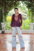 Wine Georgette top with Kutchi Gamthi patch work and Schiffli embroidery for festive occasions