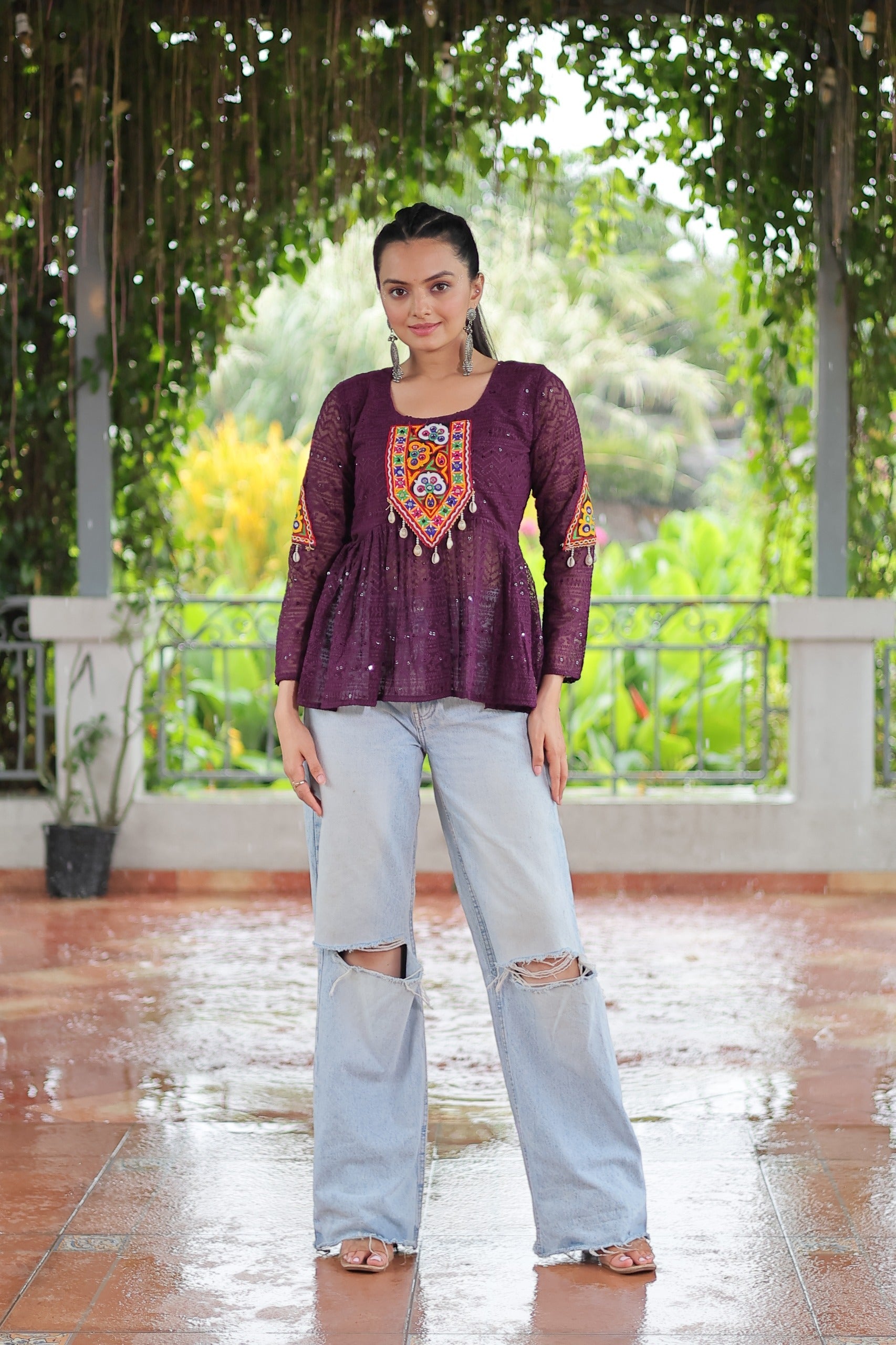 Wine Georgette top with Kutchi Gamthi patch work and Schiffli embroidery for festive occasions