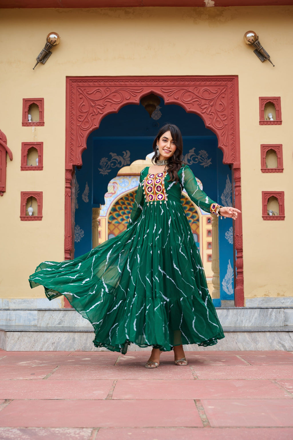 Green Georgette Laheriya Print Navaratri Gown with Kutchi Work