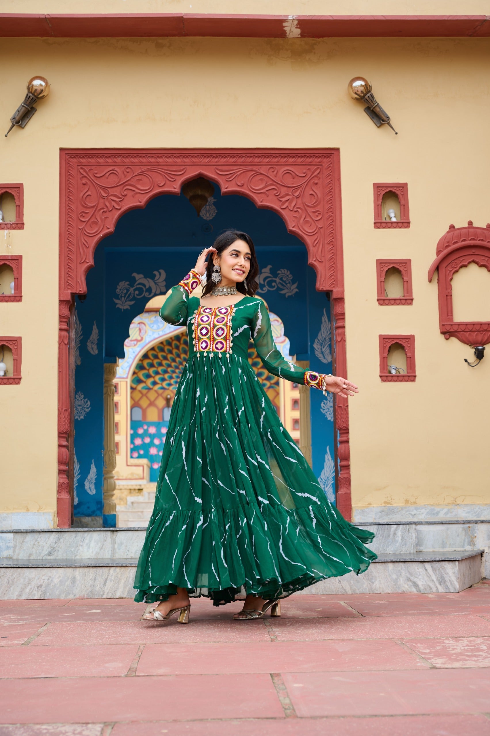 Green Georgette Laheriya Print Navaratri Gown with Kutchi Work