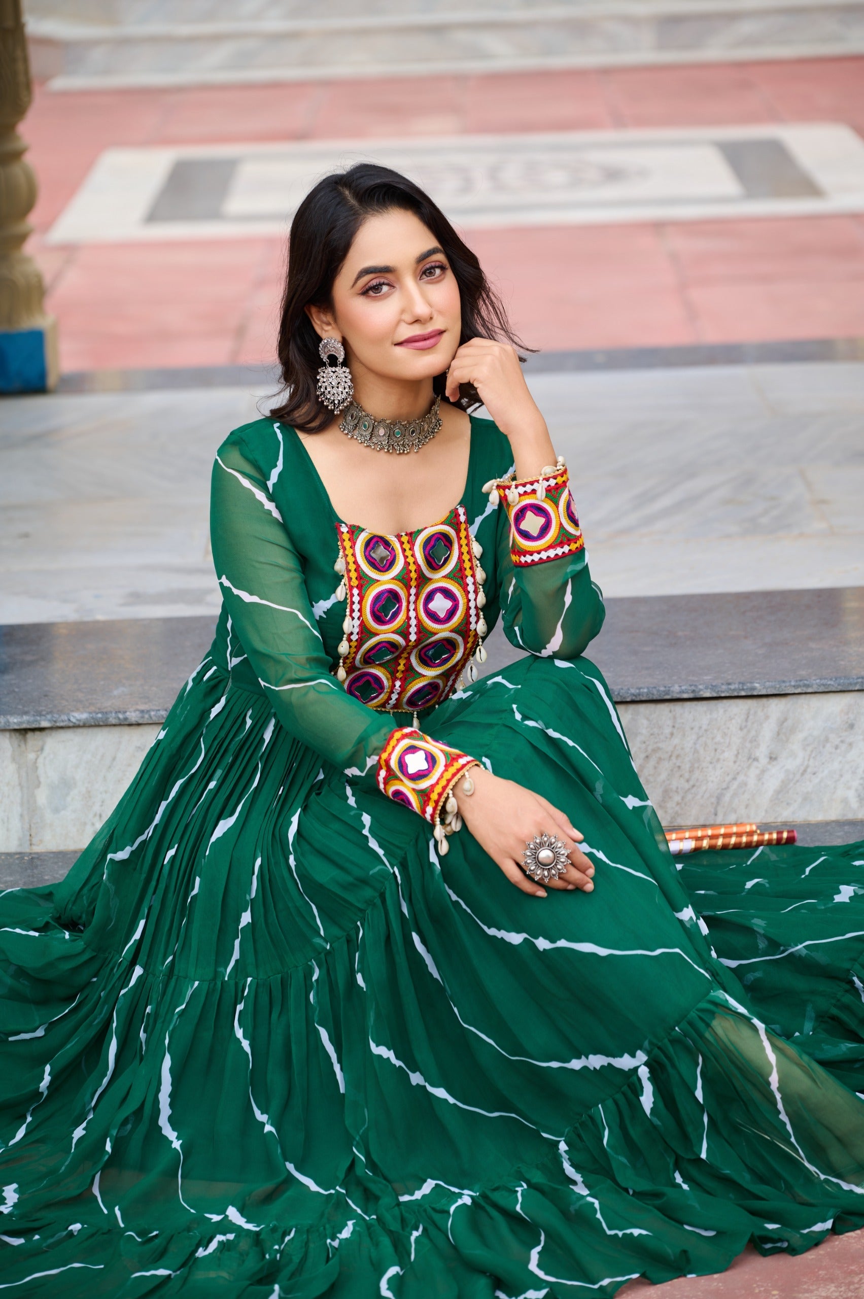 Green Georgette Laheriya Print Navaratri Gown with Kutchi Work