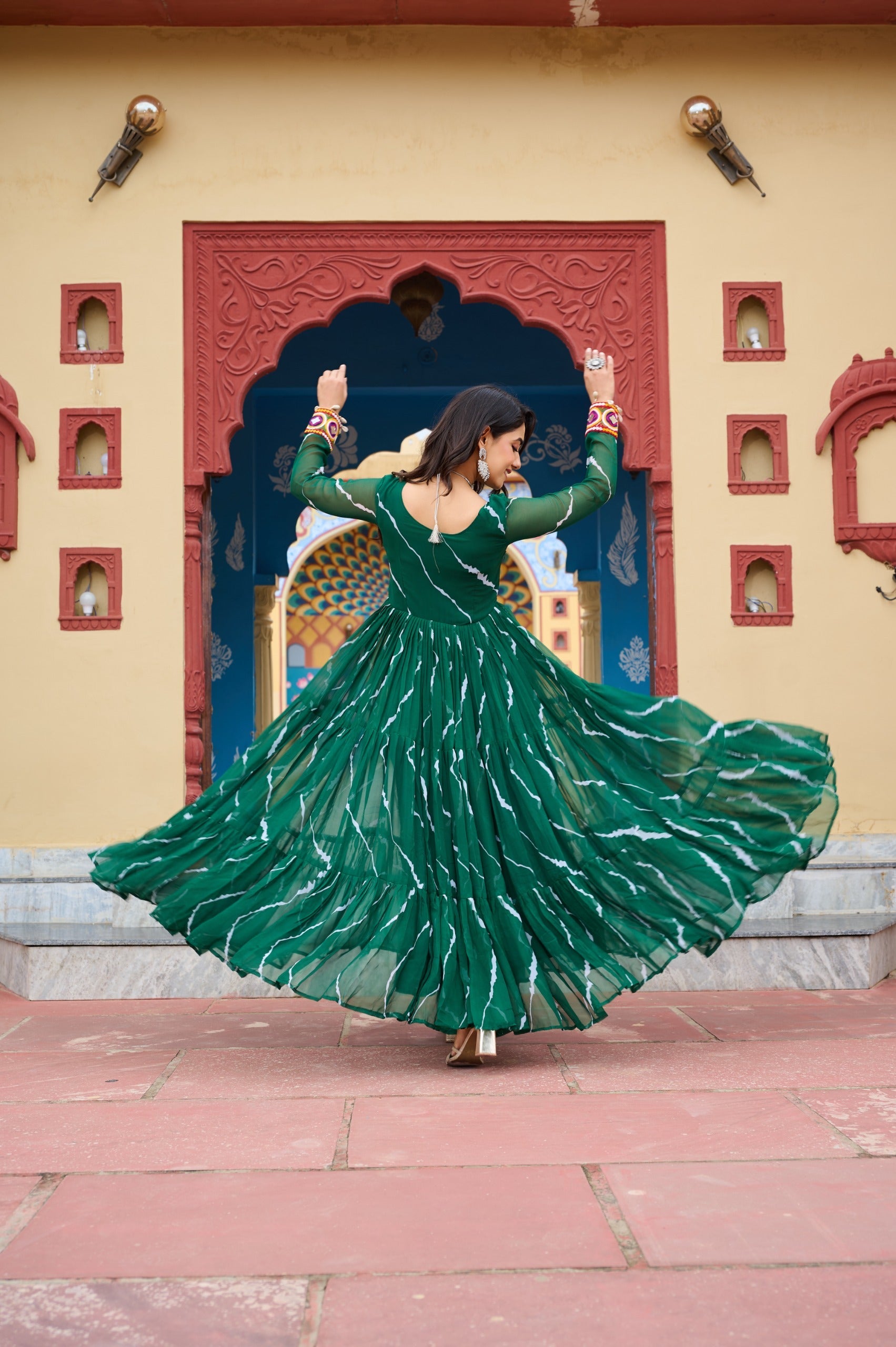 Green Georgette Laheriya Print Navaratri Gown with Kutchi Work