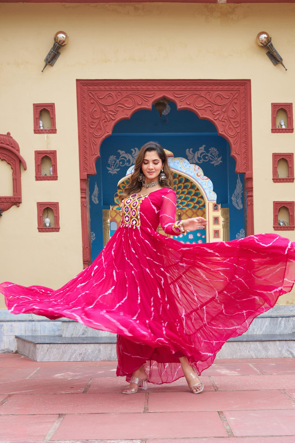 Pink Georgette Laheriya Print Gown with Kutchi Patchwork