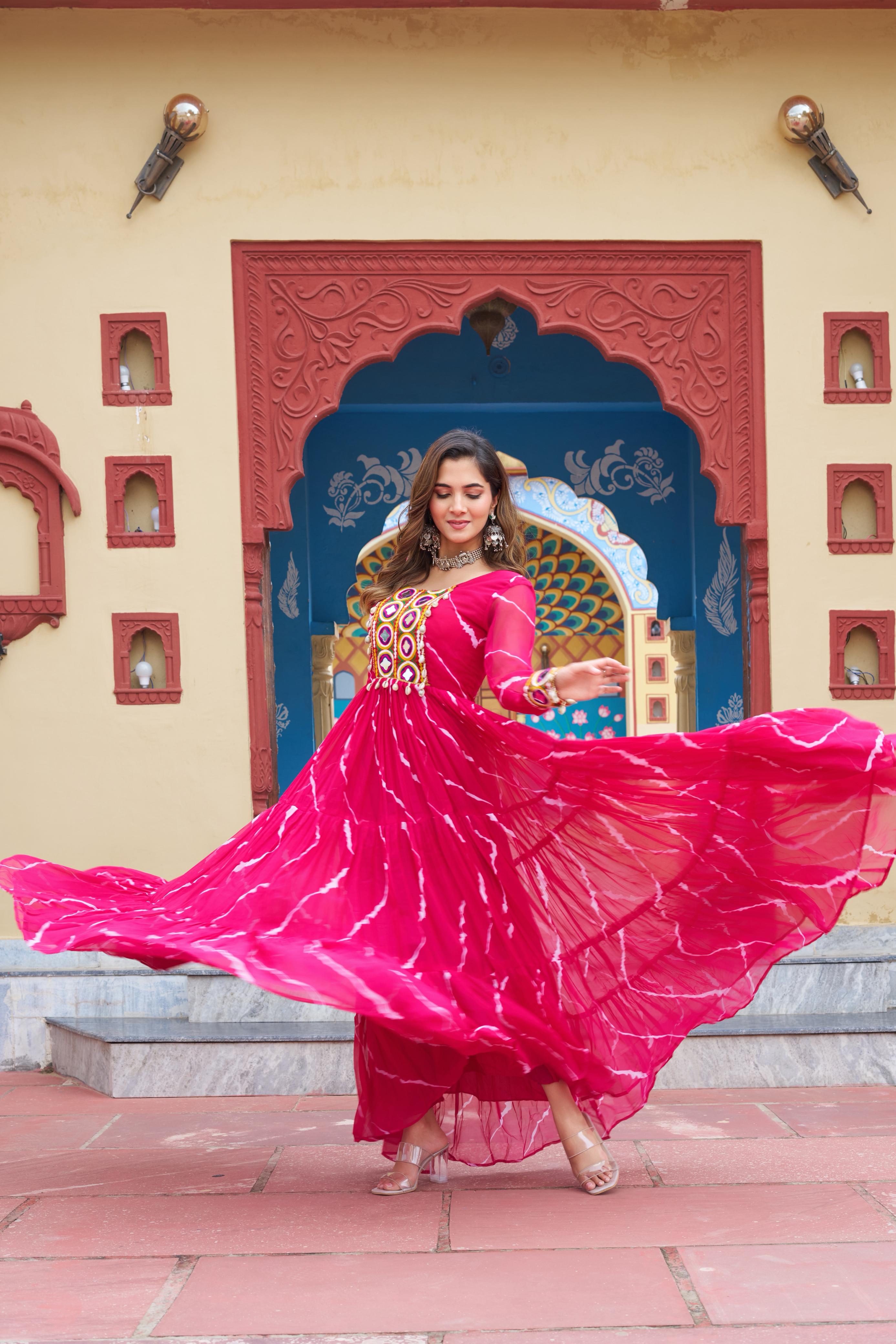 Pink Georgette Laheriya Print Gown with Kutchi Patchwork