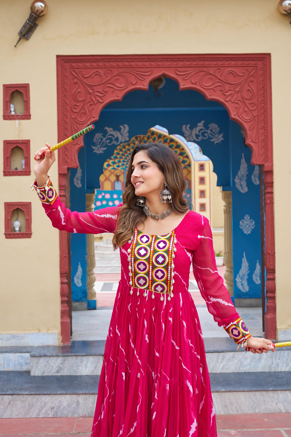 Pink Georgette Laheriya Print Gown with Kutchi Patchwork
