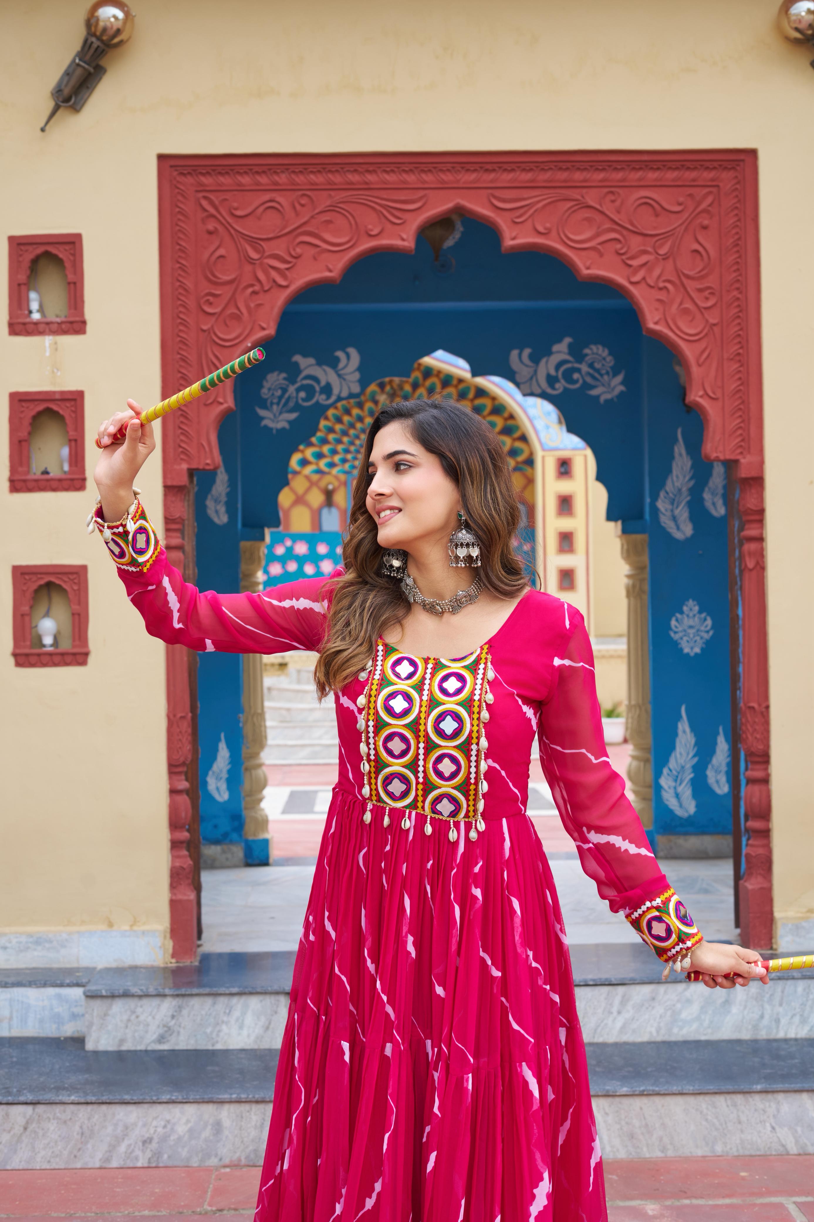 Pink Georgette Laheriya Print Gown with Kutchi Patchwork