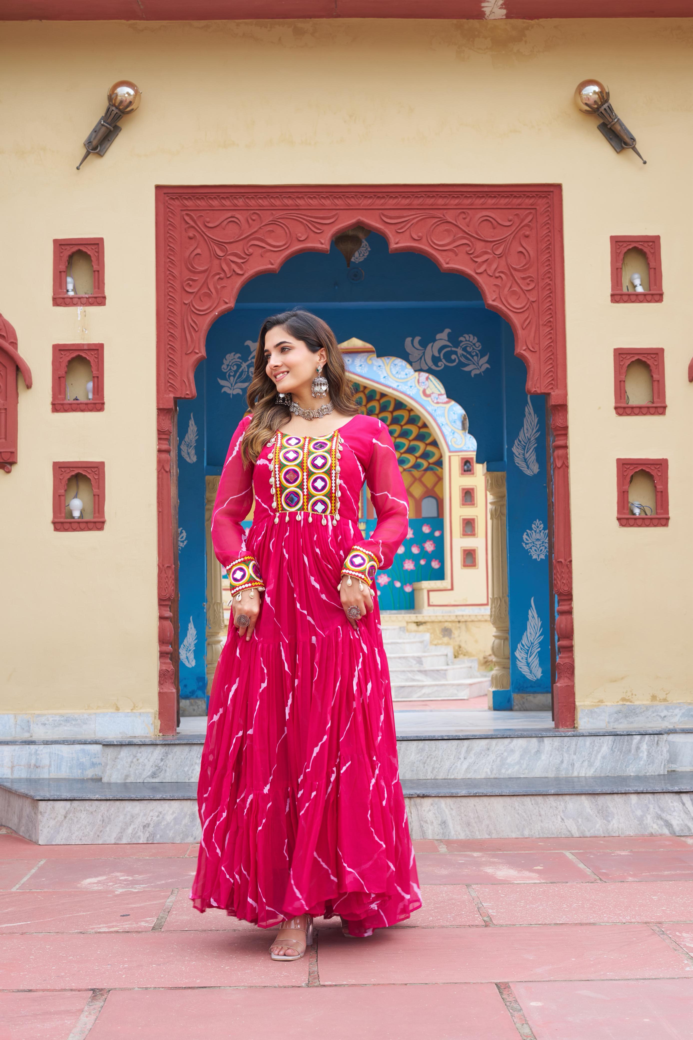 Pink Georgette Laheriya Print Gown with Kutchi Patchwork