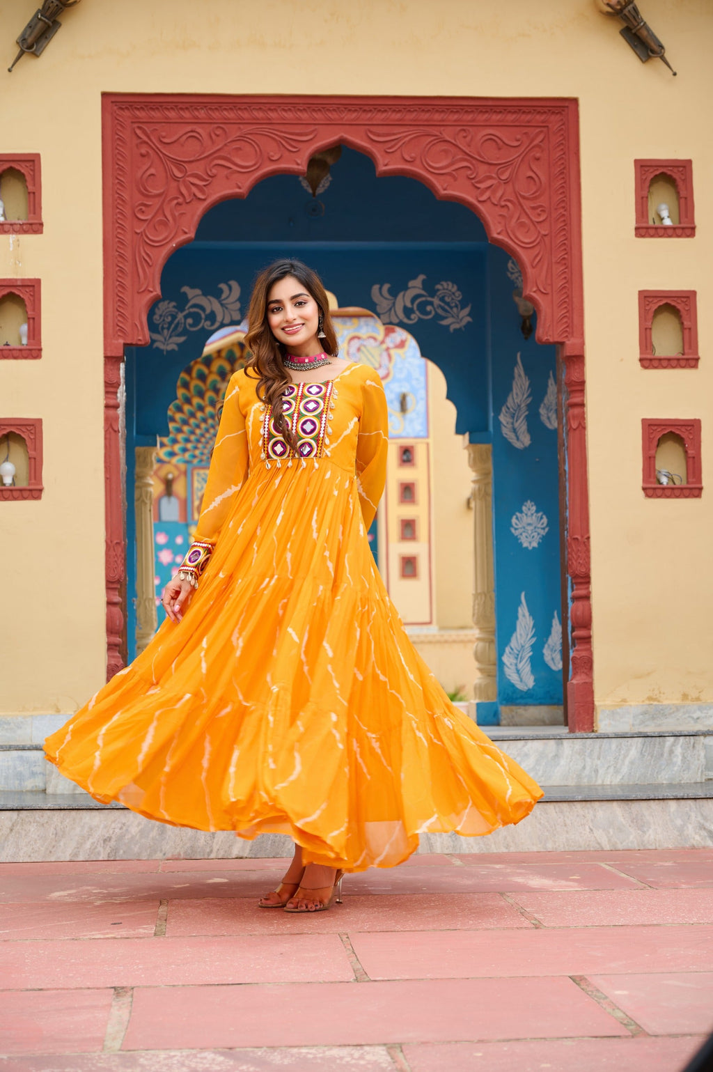 Yellow Georgette Laheriya Print Gown with Kutchi Patchwork