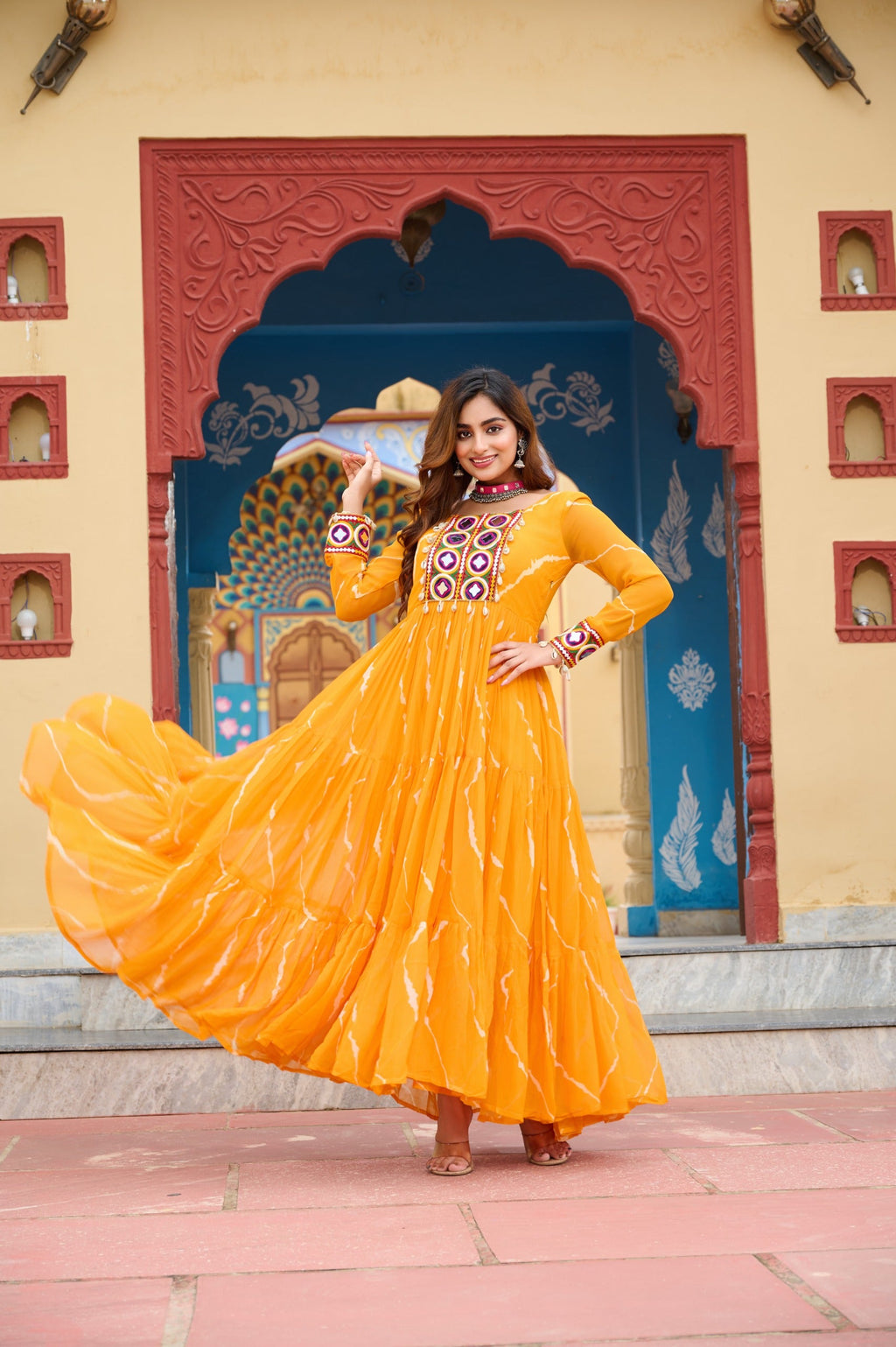 Yellow Georgette Laheriya Print Gown with Kutchi Patchwork