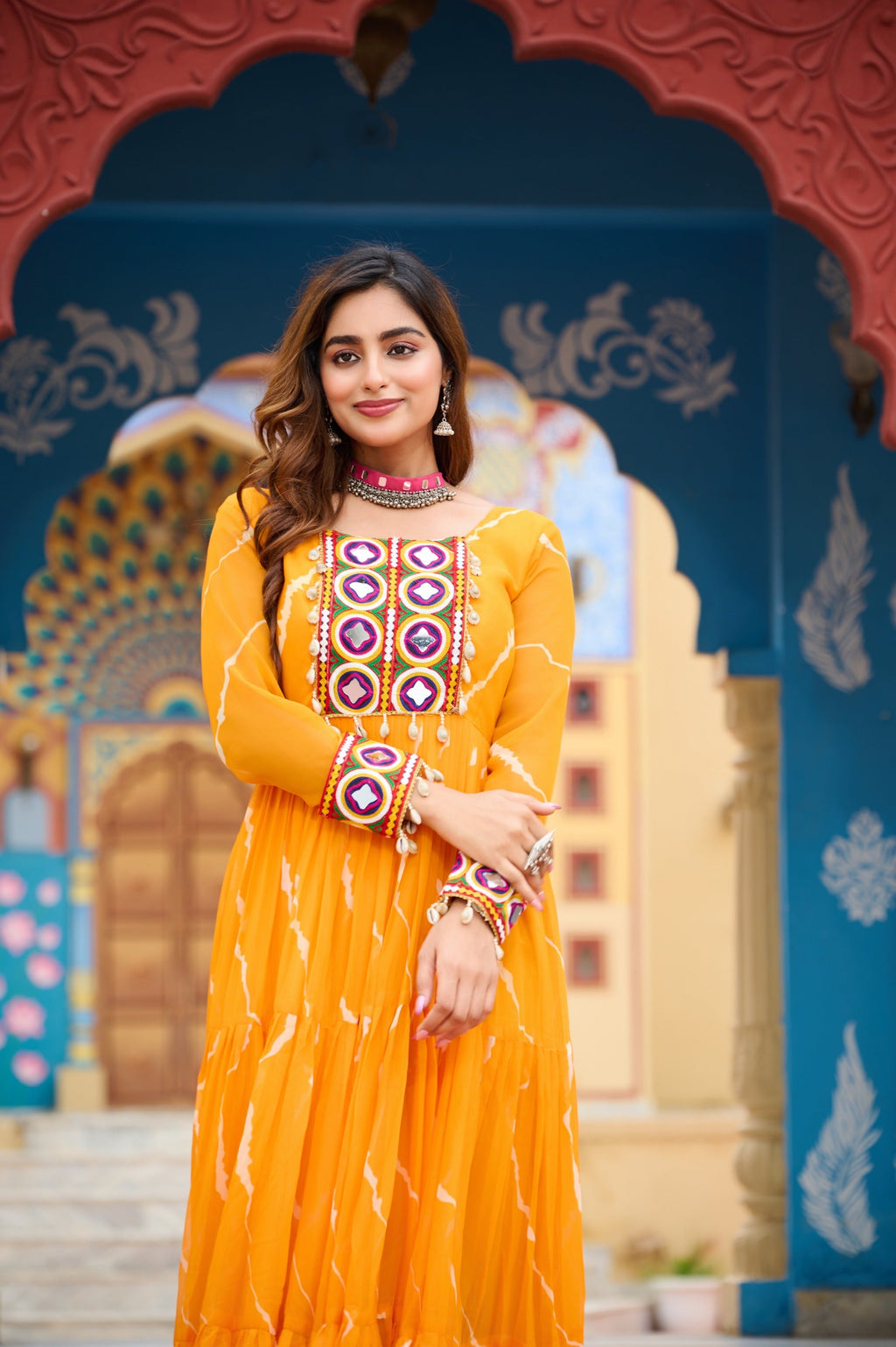 Yellow Georgette Laheriya Print Gown with Kutchi Patchwork