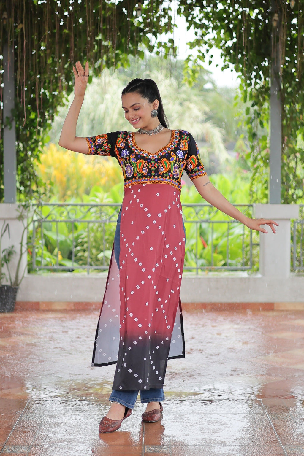 Pink Rayon Printed Kurti with Kutchi Gamthi Embroidery