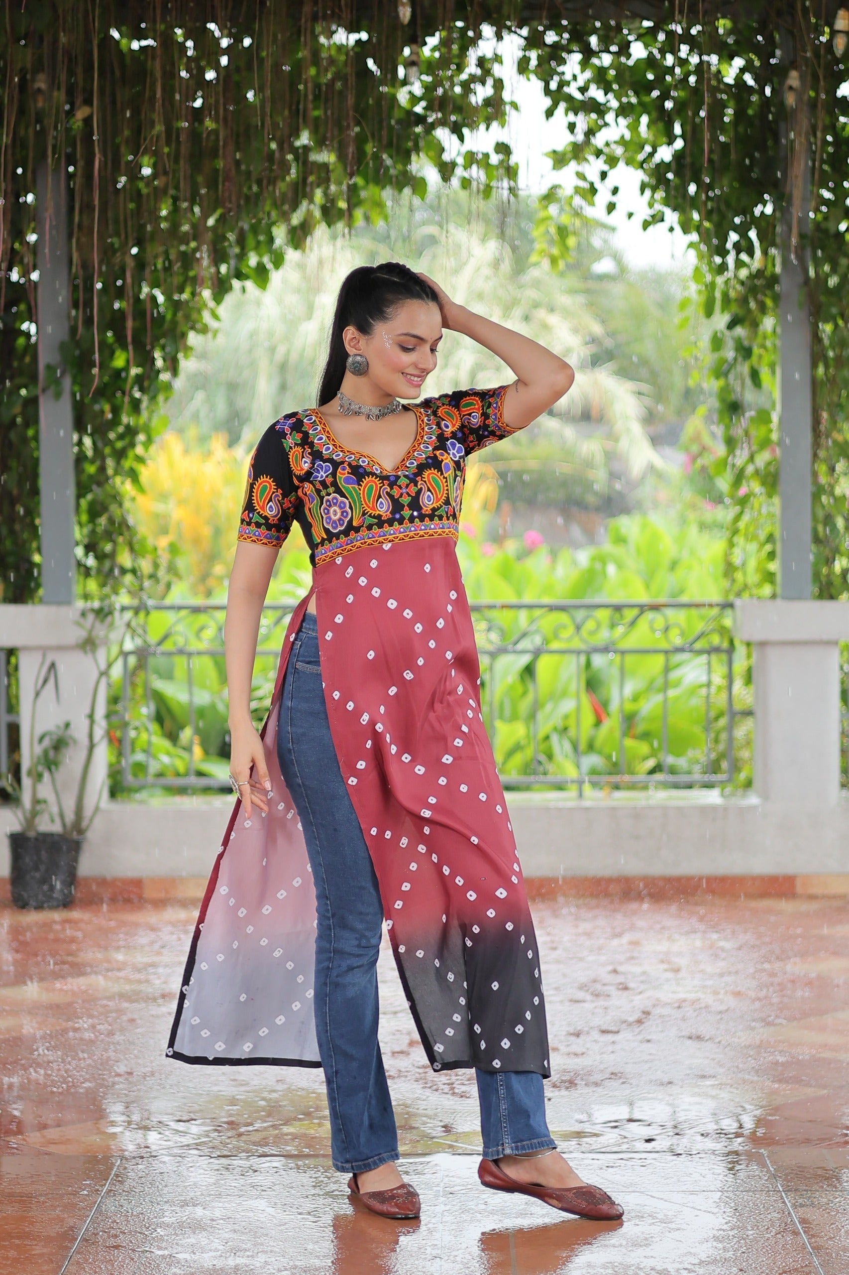 Pink Rayon Printed Kurti with Kutchi Gamthi Embroidery