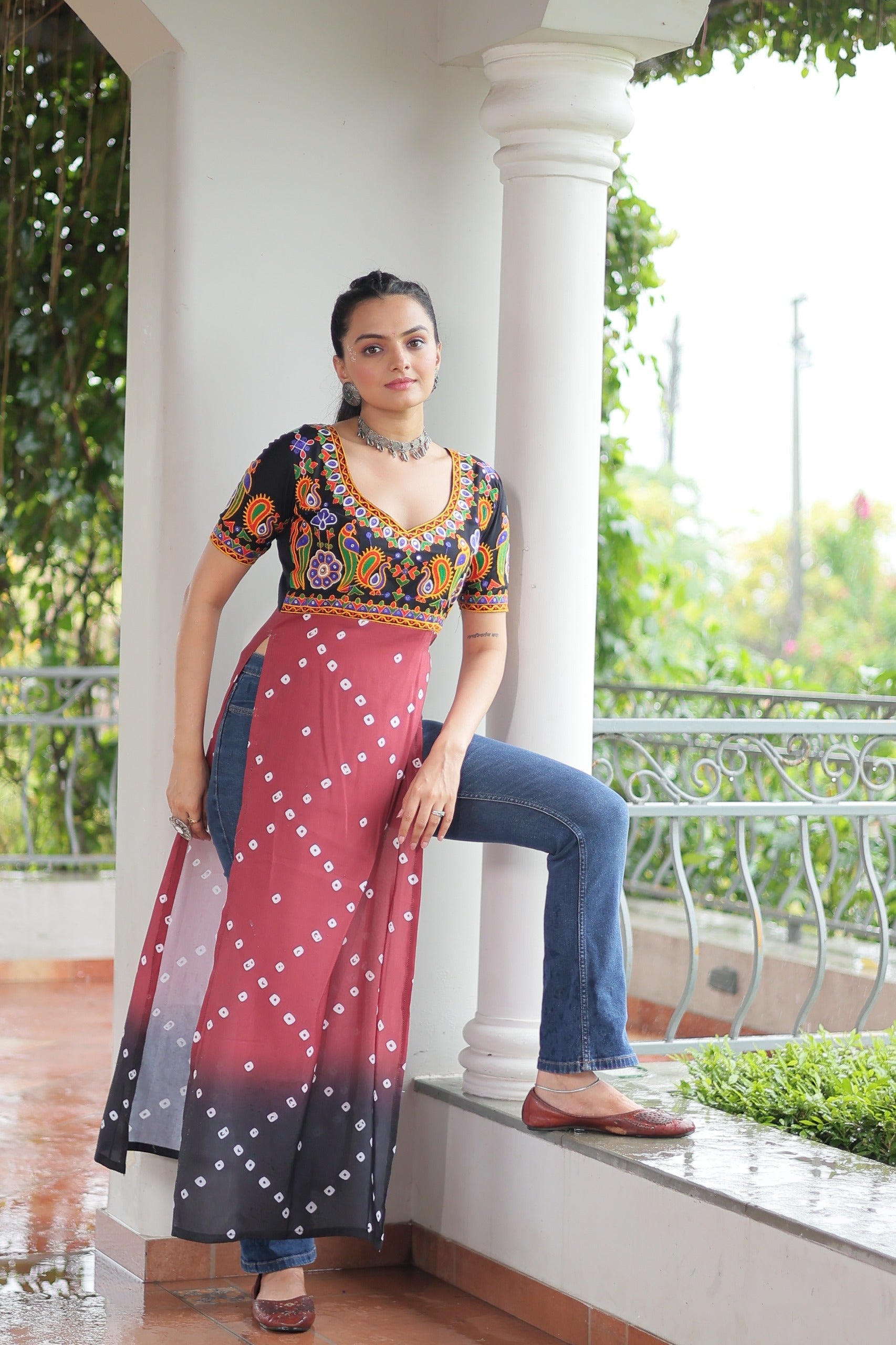 Pink Rayon Printed Kurti with Kutchi Gamthi Embroidery