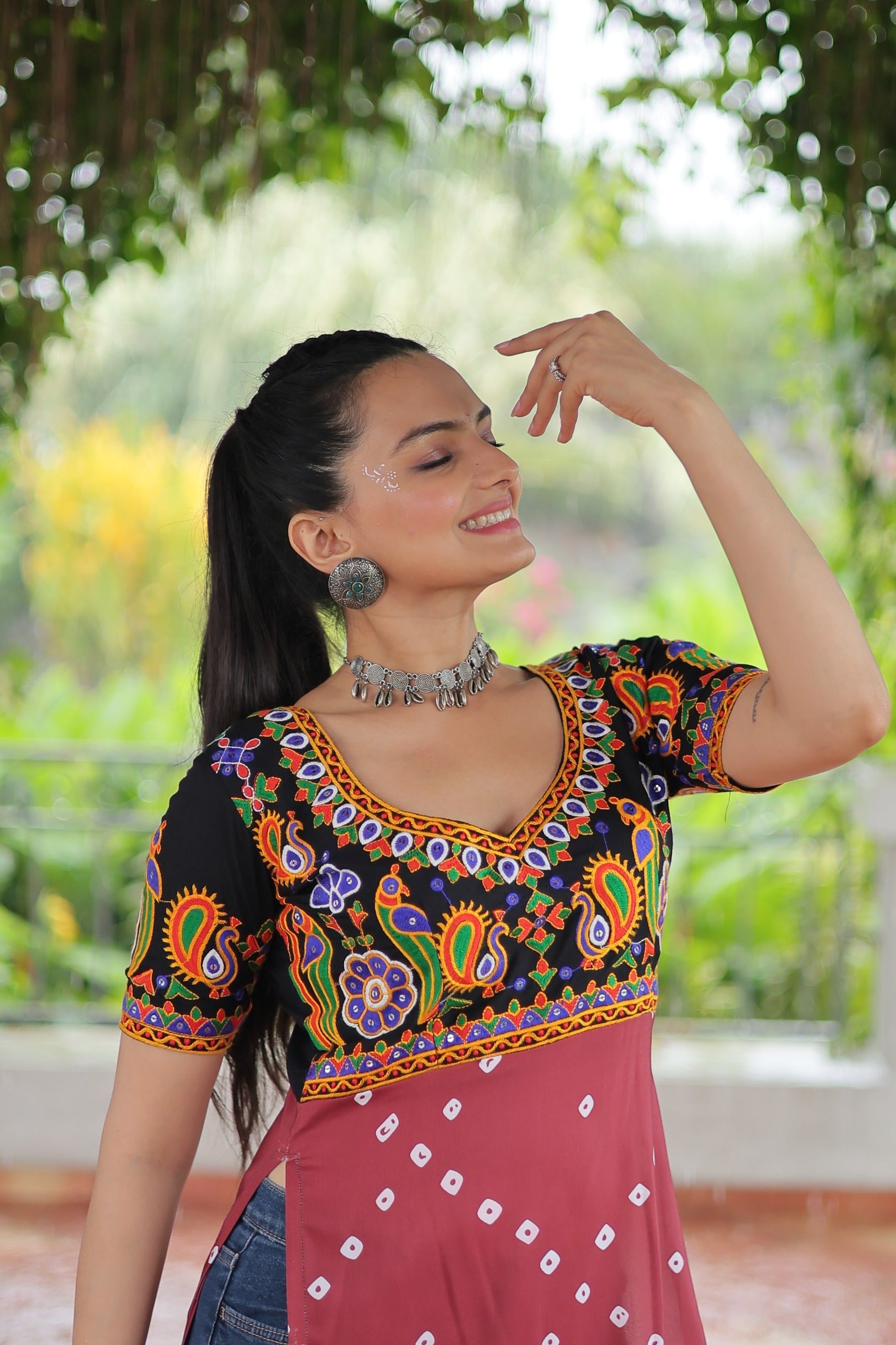 Pink Rayon Printed Kurti with Kutchi Gamthi Embroidery