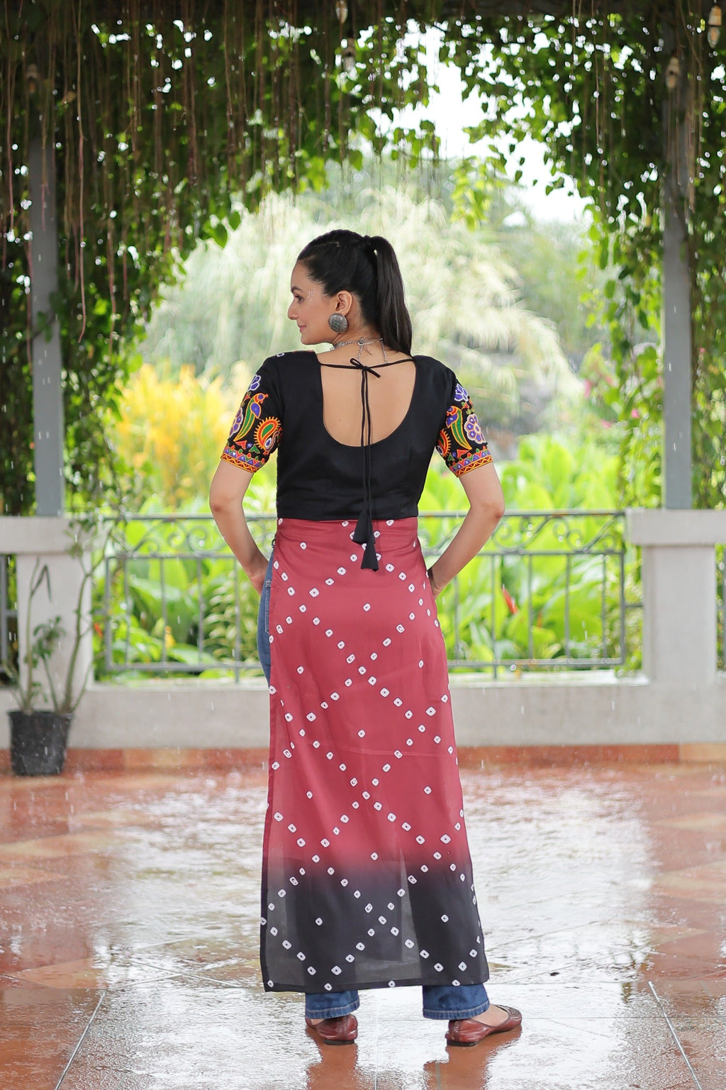 Pink Rayon Printed Kurti with Kutchi Gamthi Embroidery