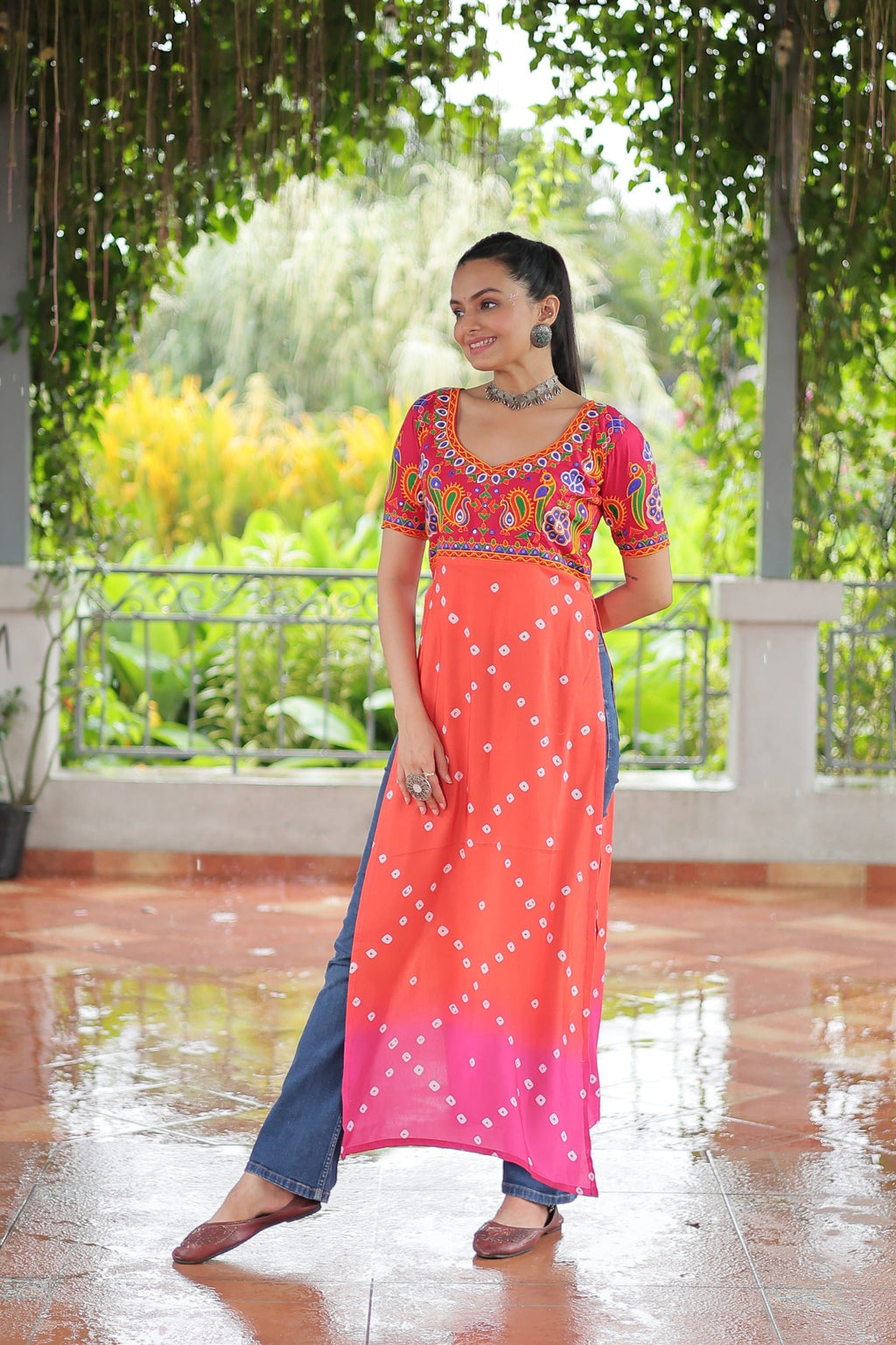 Orange Rayon Kurti with Kutchi Gamthi Navaratri Print