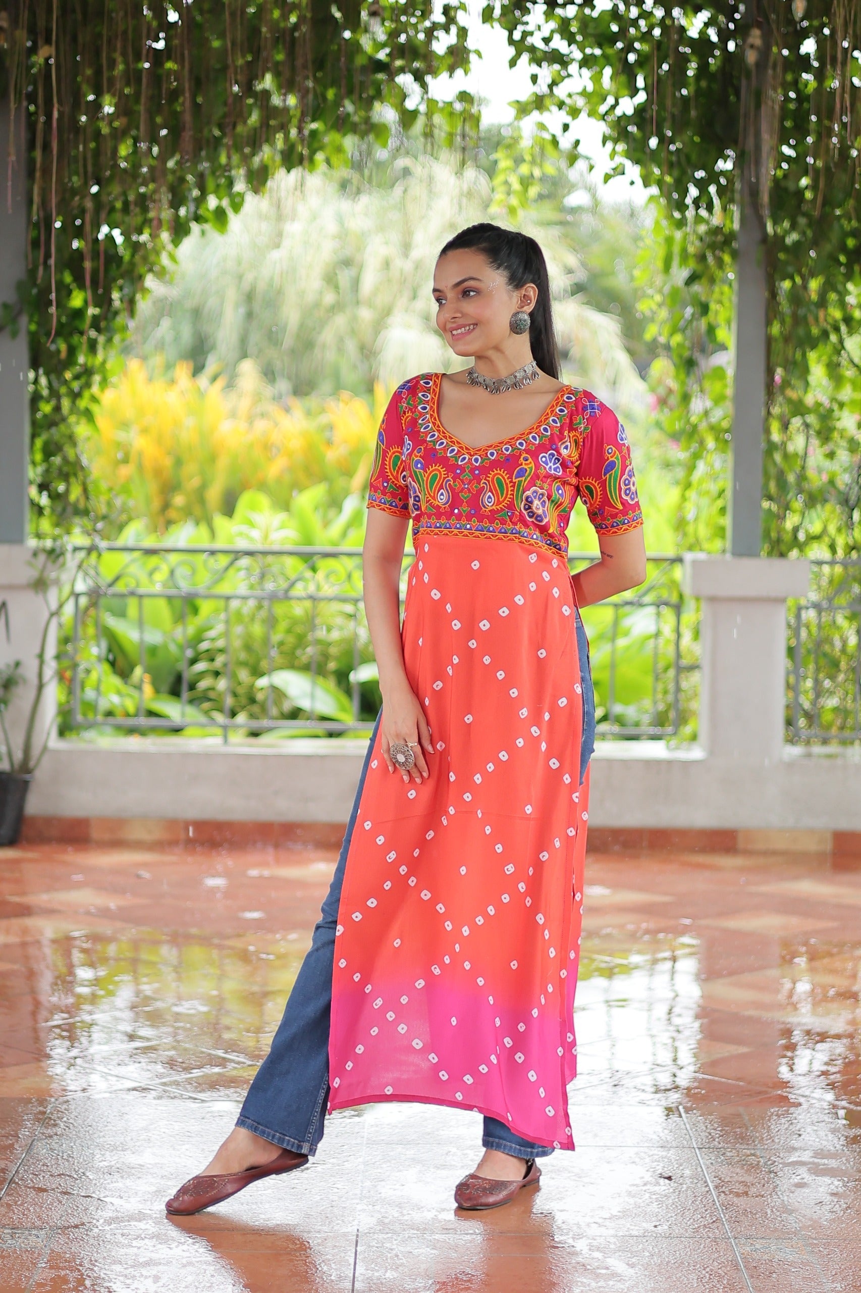 Orange Rayon Kurti with Kutchi Gamthi Navaratri Print