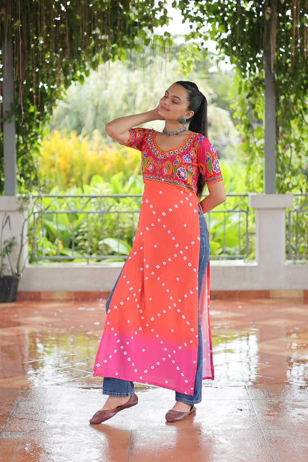Orange Rayon Kurti with Kutchi Gamthi Navaratri Print
