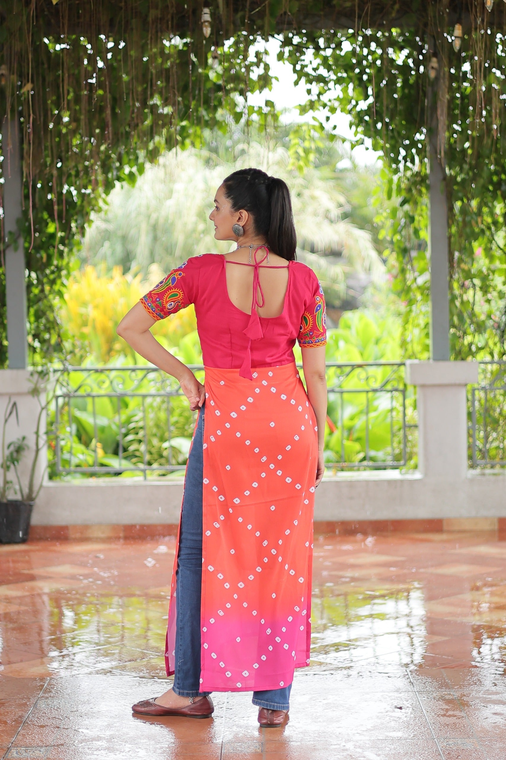 Orange Rayon Kurti with Kutchi Gamthi Navaratri Print