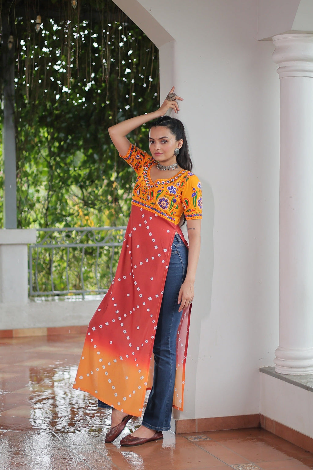 Red Rayon Printed Kurti with Traditional Kutchi Gamthi Work