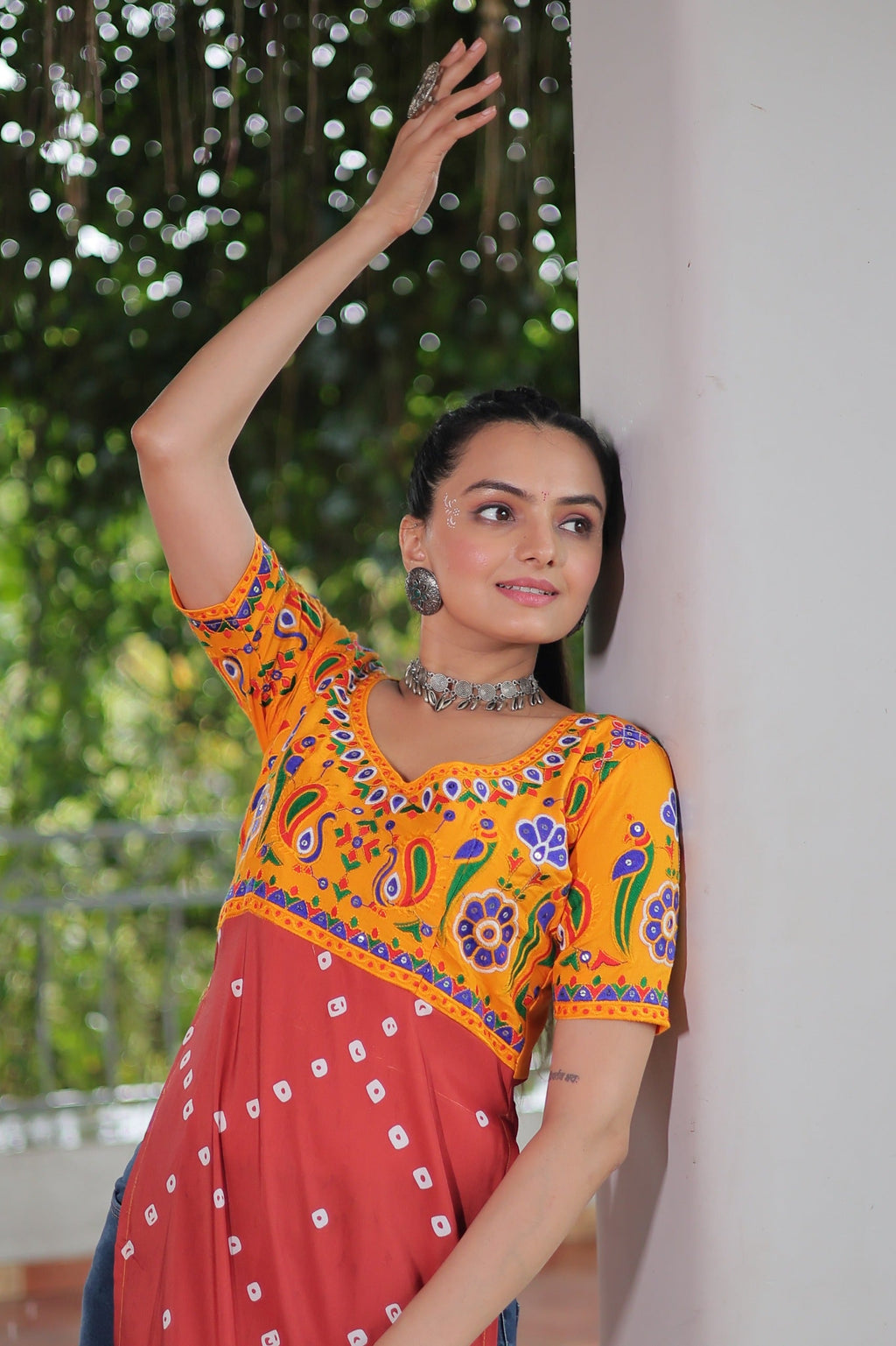 Red Rayon Printed Kurti with Traditional Kutchi Gamthi Work