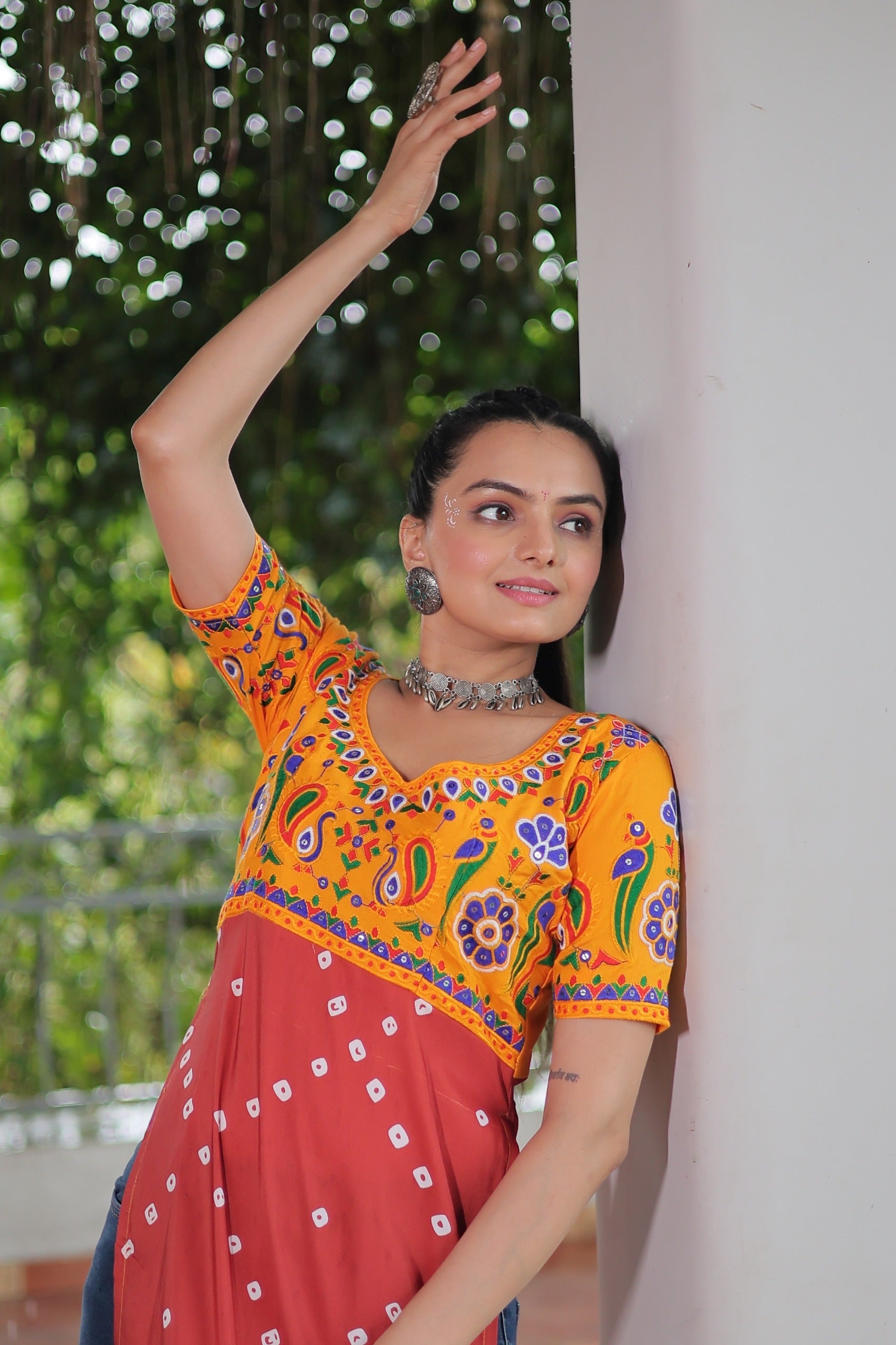 Red Rayon Printed Kurti with Traditional Kutchi Gamthi Work