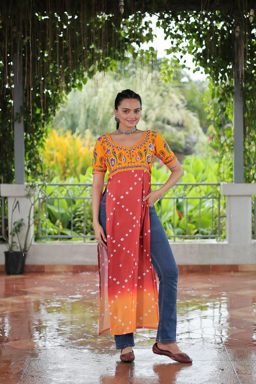 Red rayon kurti with colorful traditional Kutchi Gamthi embroidery patterns