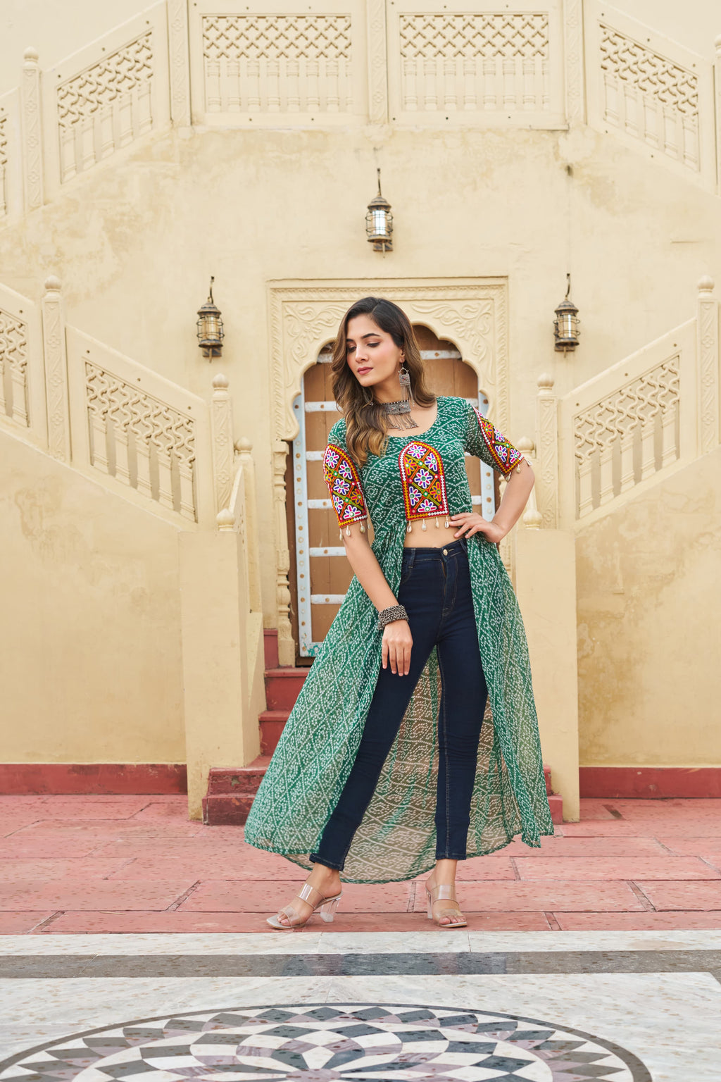 Prazu Fashion Green Georgette Bandhani Print With Kutchi Patch work Navaratri Kurti