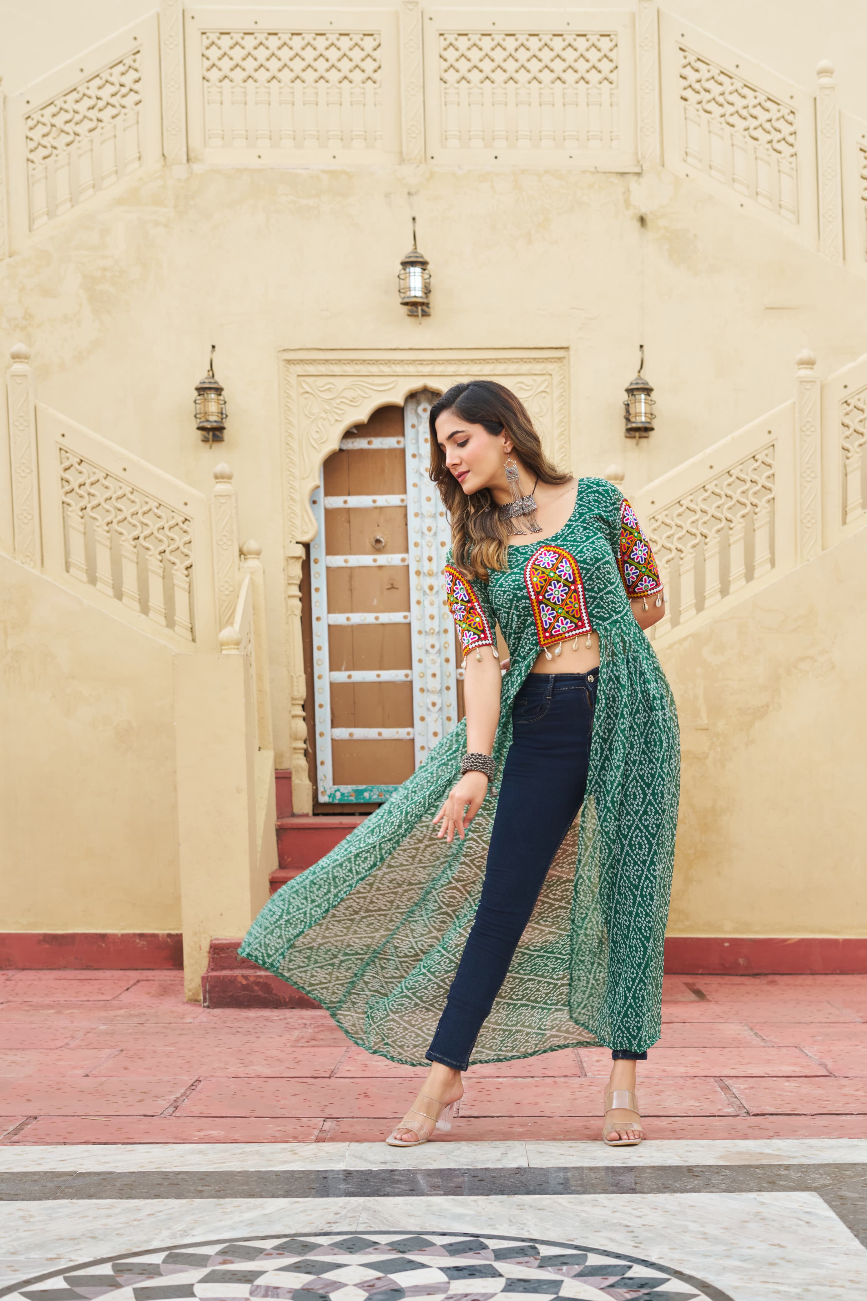 Prazu Fashion Green Georgette Bandhani Print With Kutchi Patch work Navaratri Kurti