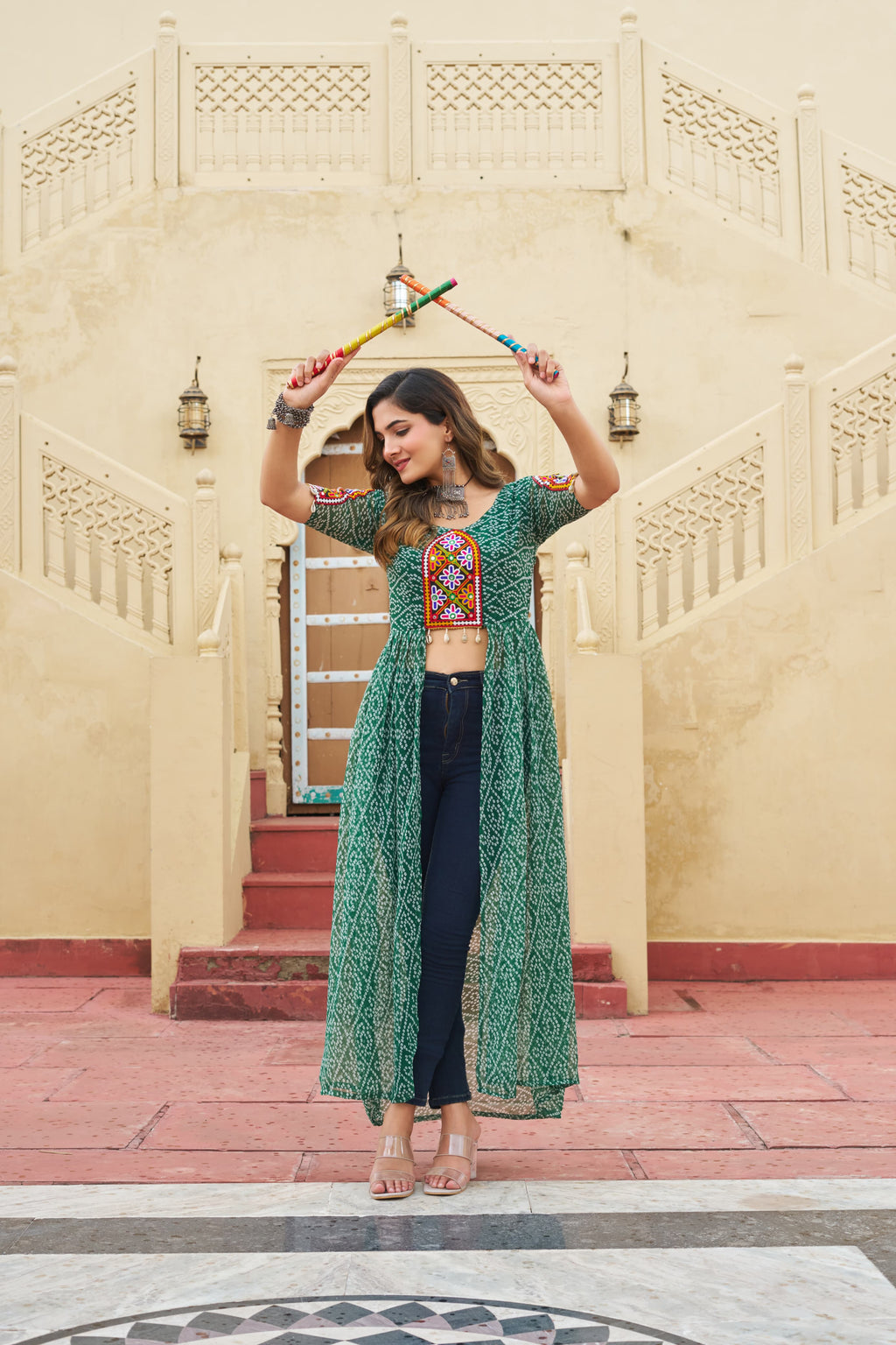Prazu Fashion Green Georgette Bandhani Print With Kutchi Patch work Navaratri Kurti