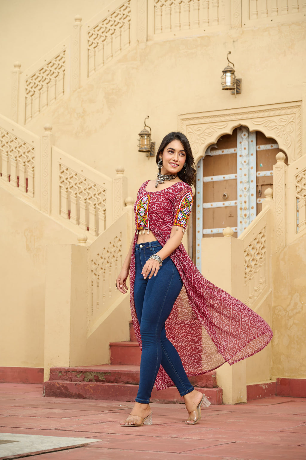 Prazu Fashion Maroon Georgette Bandhani Print With Kutchi Patch work Navaratri Kurti