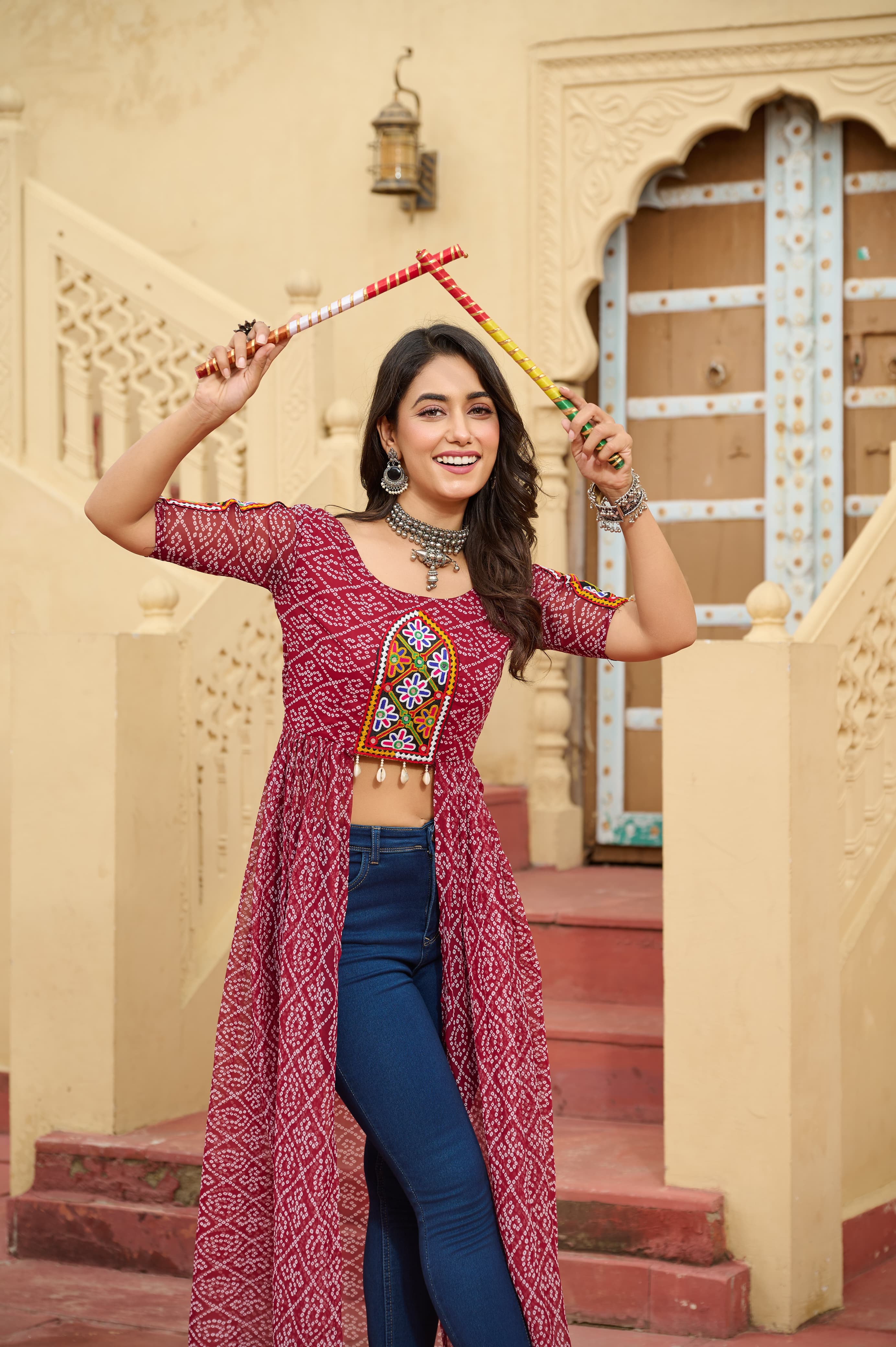 Prazu Fashion Maroon Georgette Bandhani Print With Kutchi Patch work Navaratri Kurti