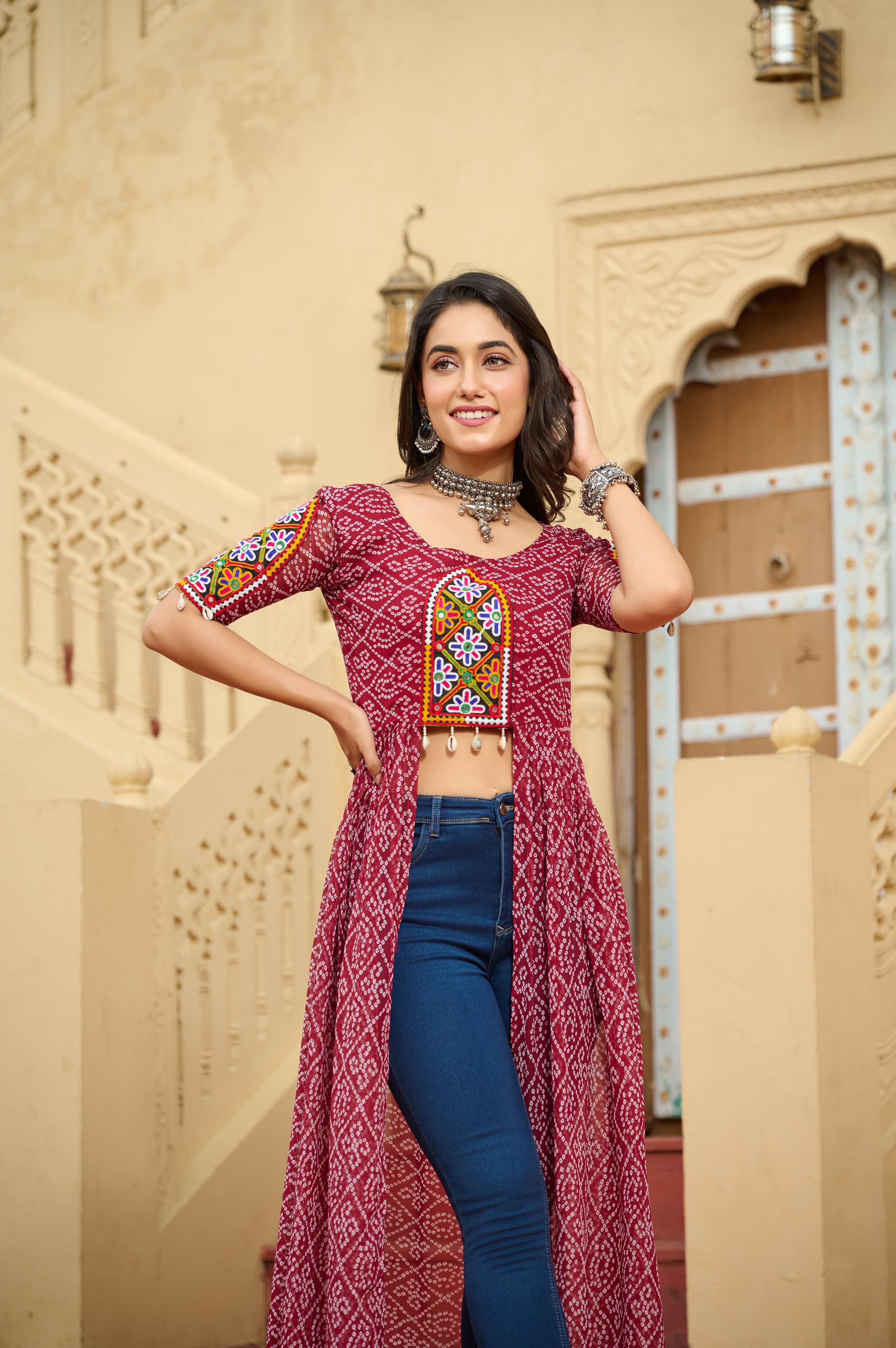 Prazu Fashion Maroon Georgette Bandhani Print With Kutchi Patch work Navaratri Kurti