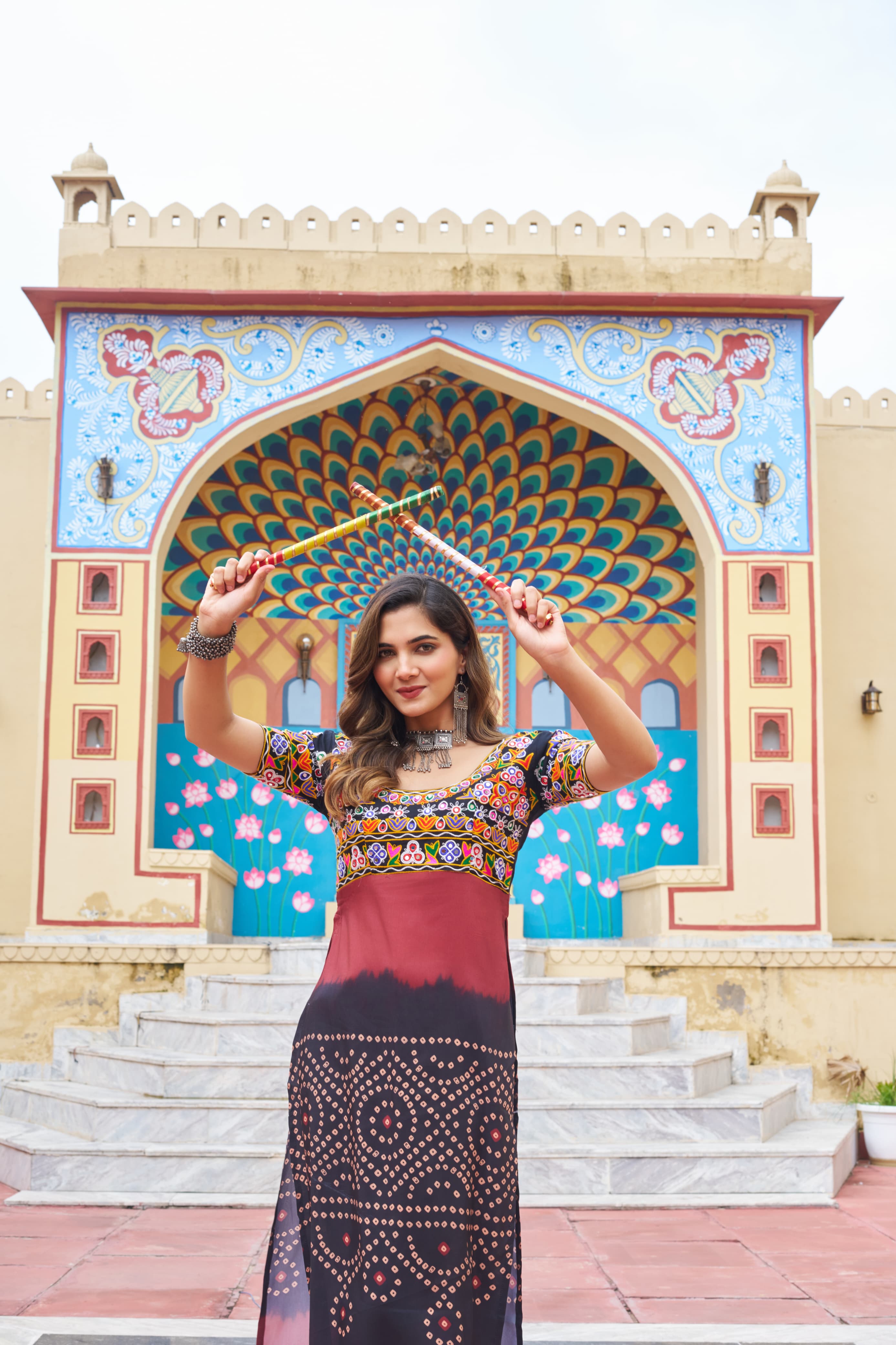 Black Rayon Printed Kurti with Kutchi Gamthi Work