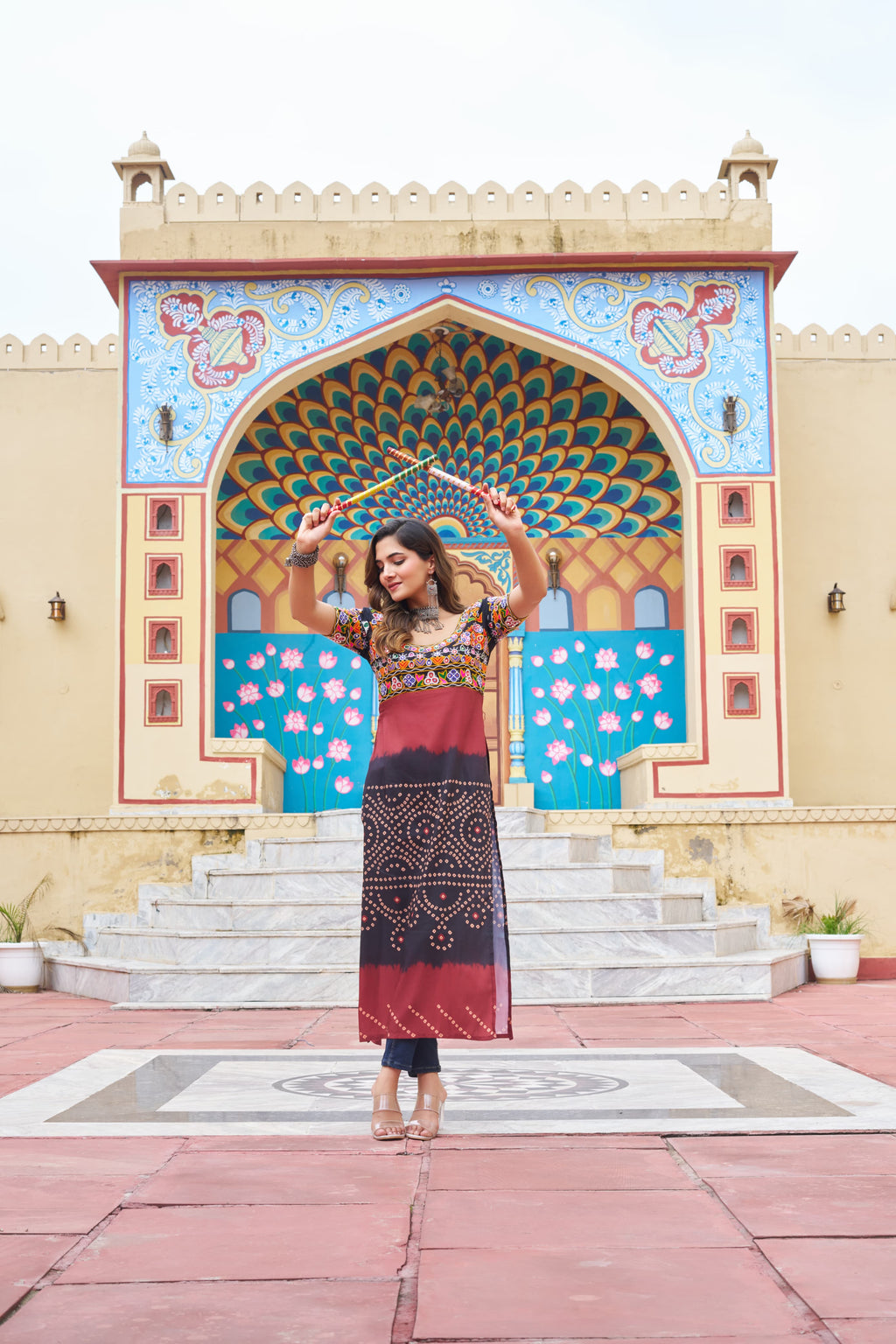 Black Rayon Printed Kurti with Kutchi Gamthi Work